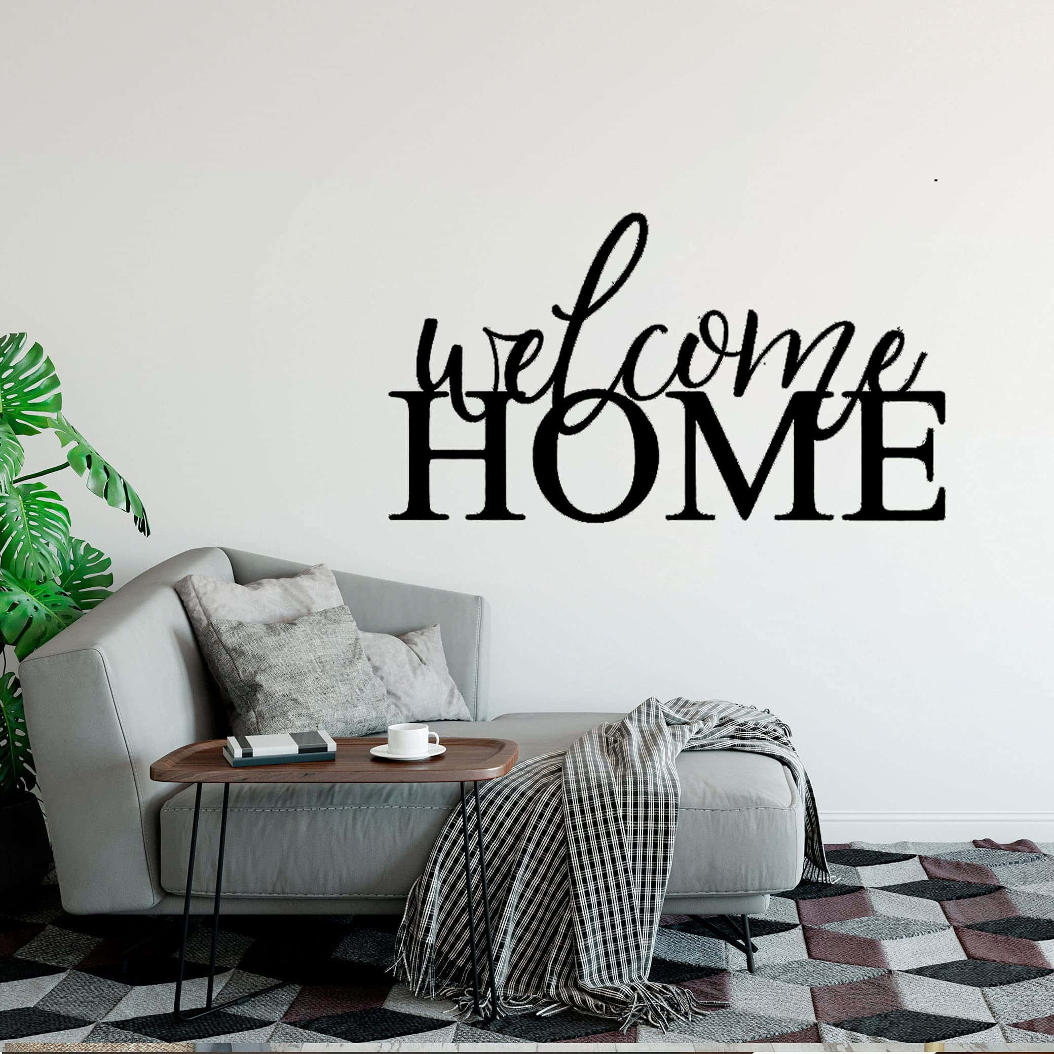 welcome HOME, gray sofa, checkered blanket, Full HD Desktop Wallpaper