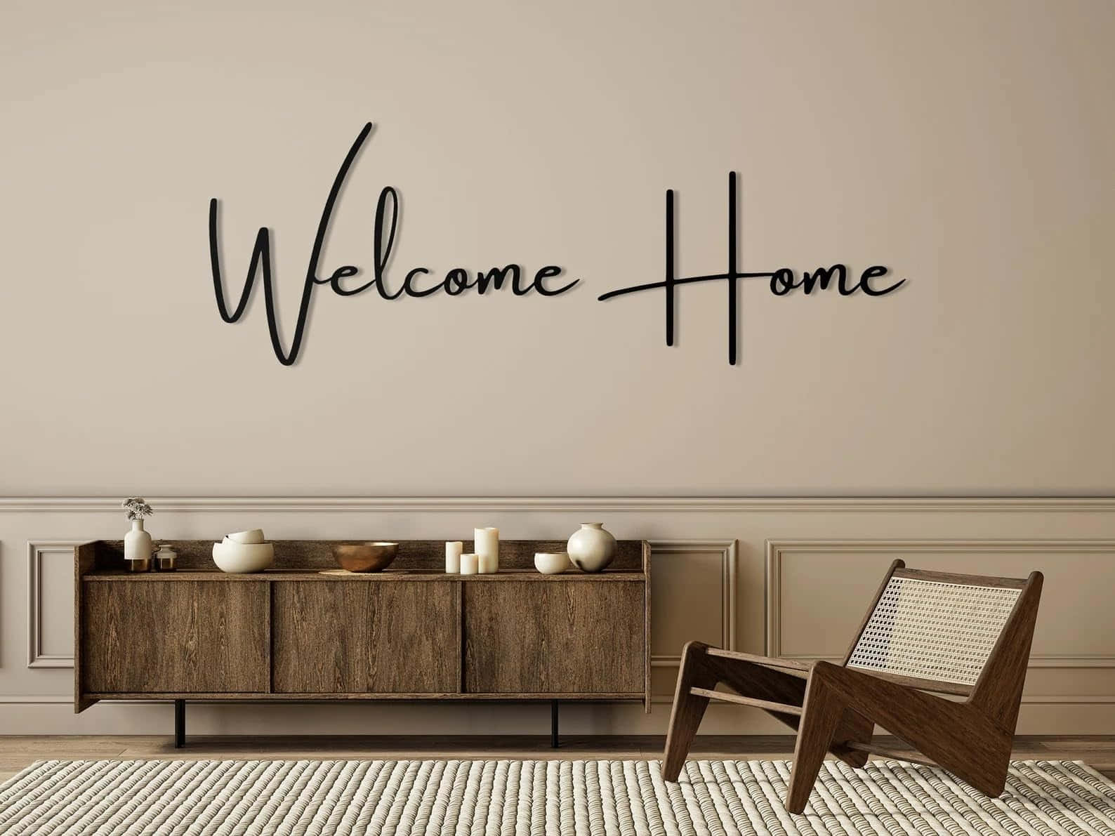 Welcome Home, wooden sideboard, ceramic decor, HD Desktop Wallpaper