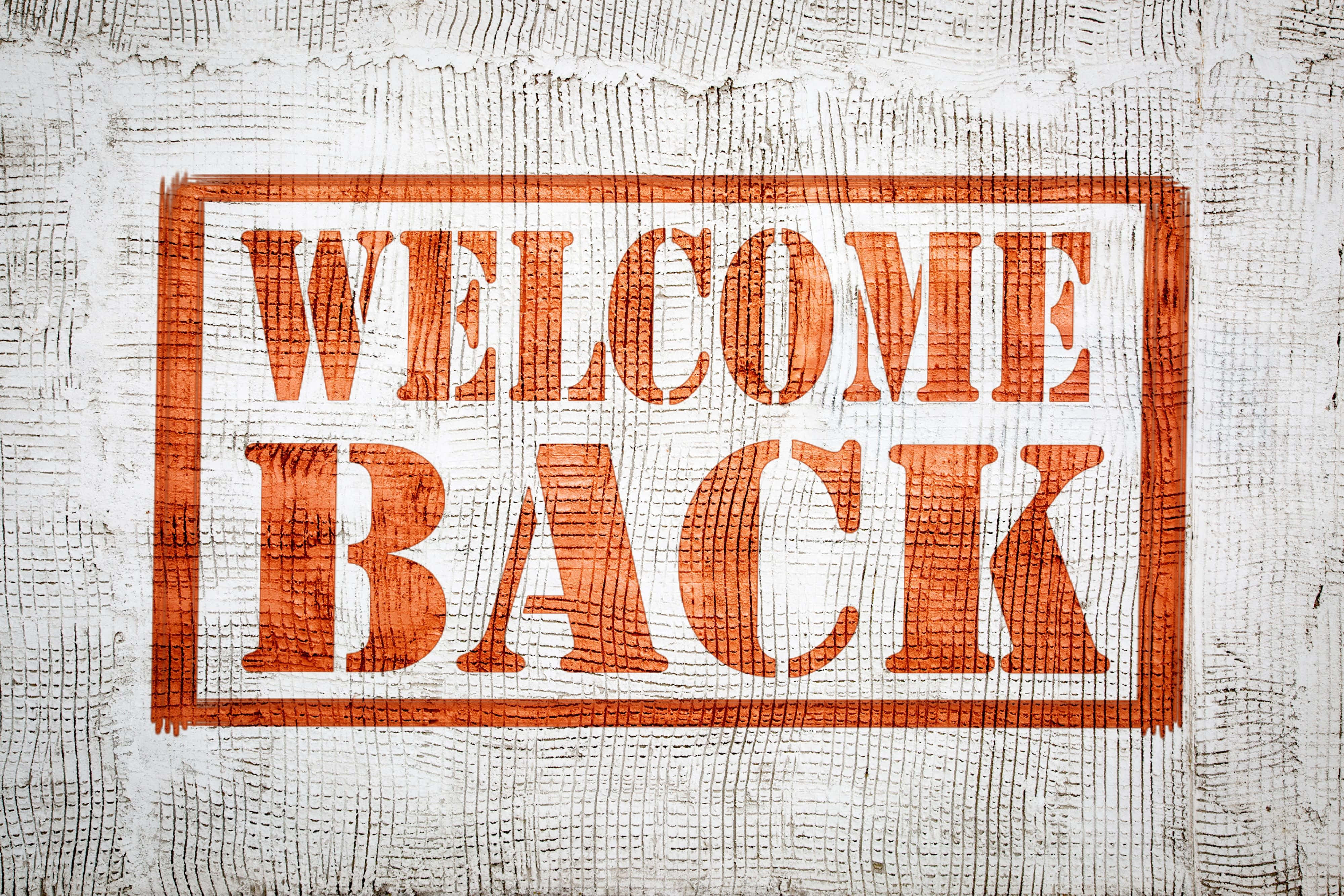 WELCOME BACK, orange, distressed rectangular frame, 4K Desktop Wallpaper