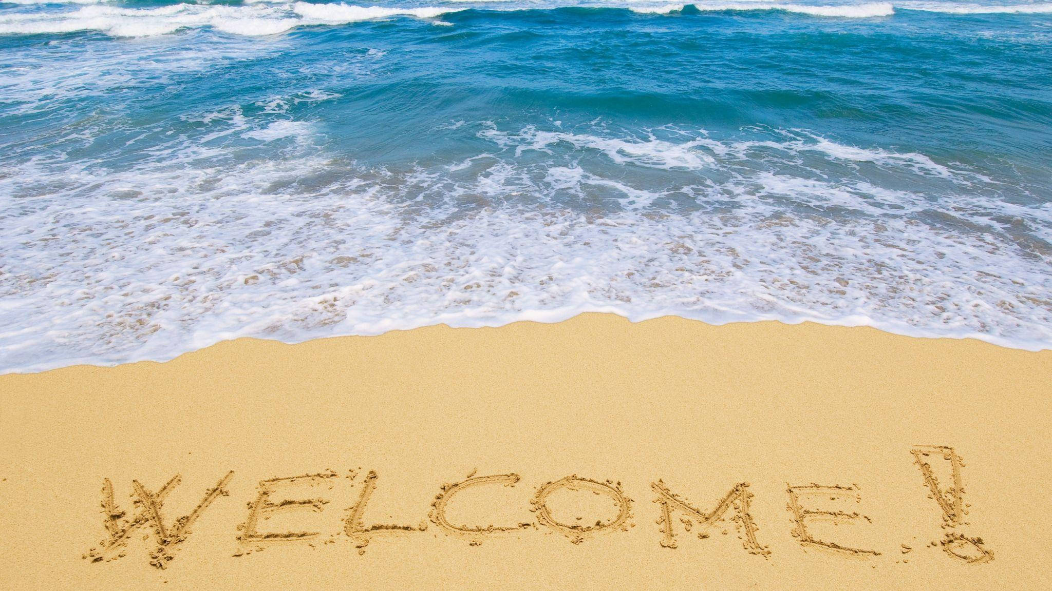 WELCOME!, golden sand, waves, Full HD Desktop Wallpaper