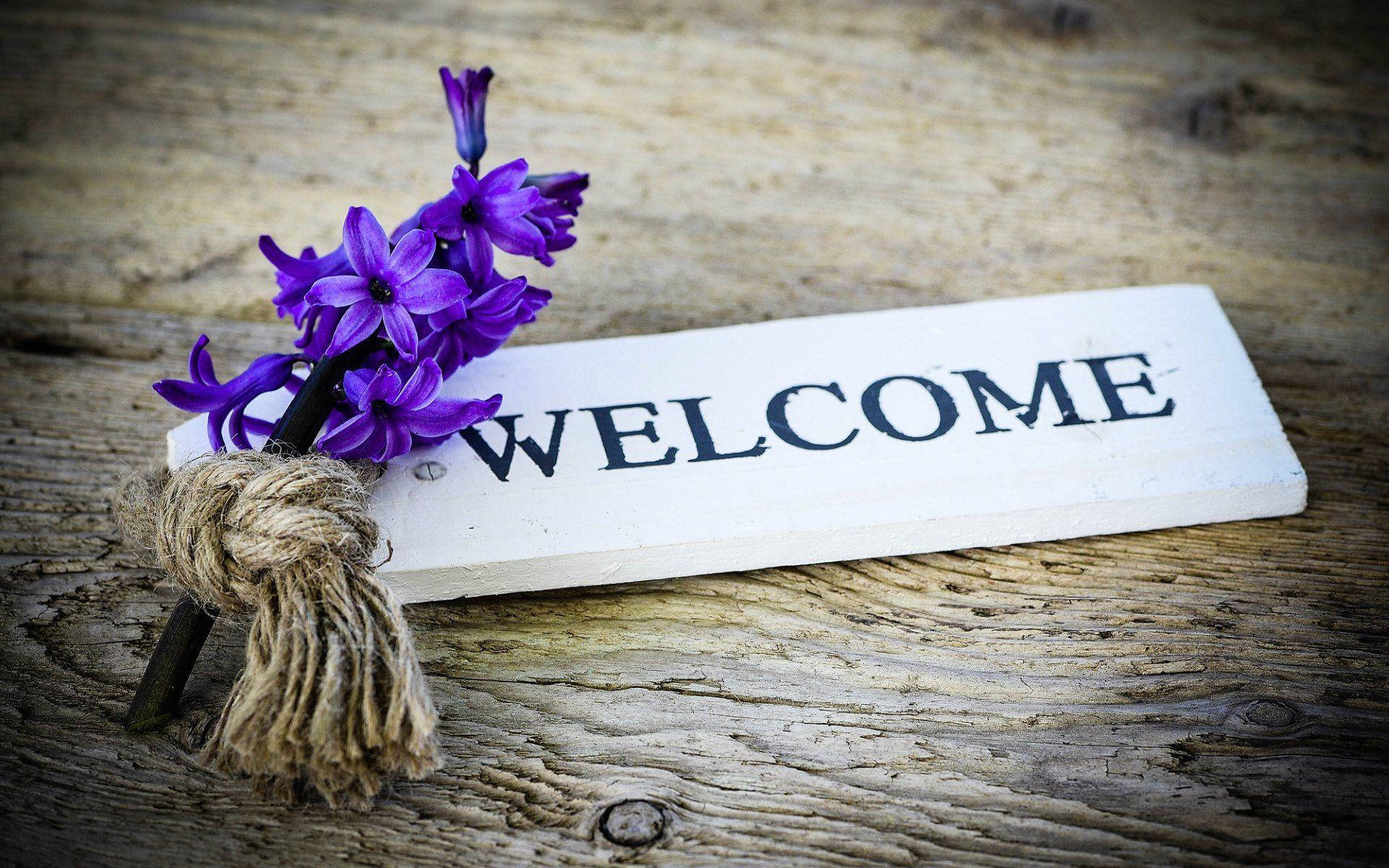 purple hyacinths, rustic white welcome sign, twine, Full HD Desktop Wallpaper
