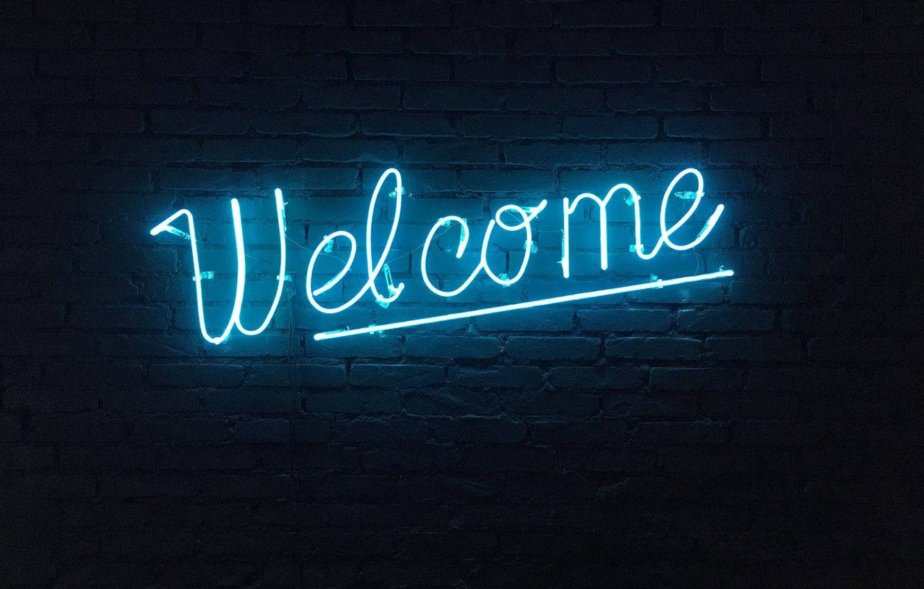 Neon Blue Welcome Sign, cursive, glowing blue neon, HD Desktop Wallpaper