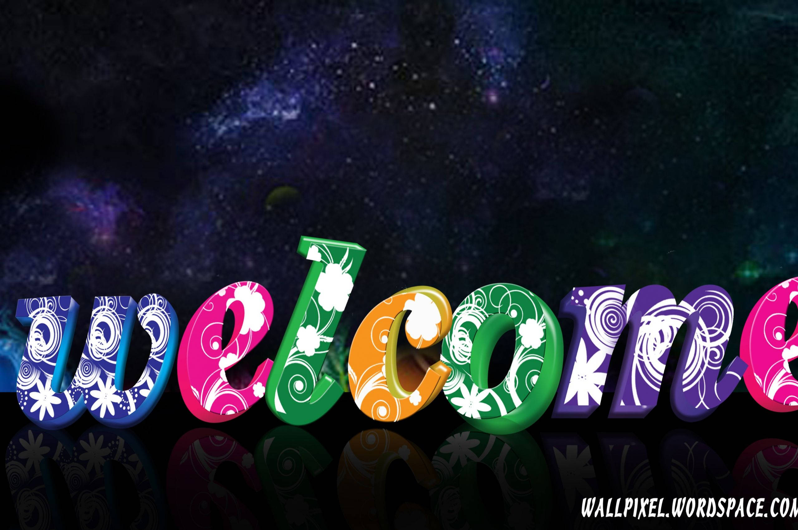 Welcome, floral swirls, cosmic galaxy backdrop, 2K Desktop Wallpaper