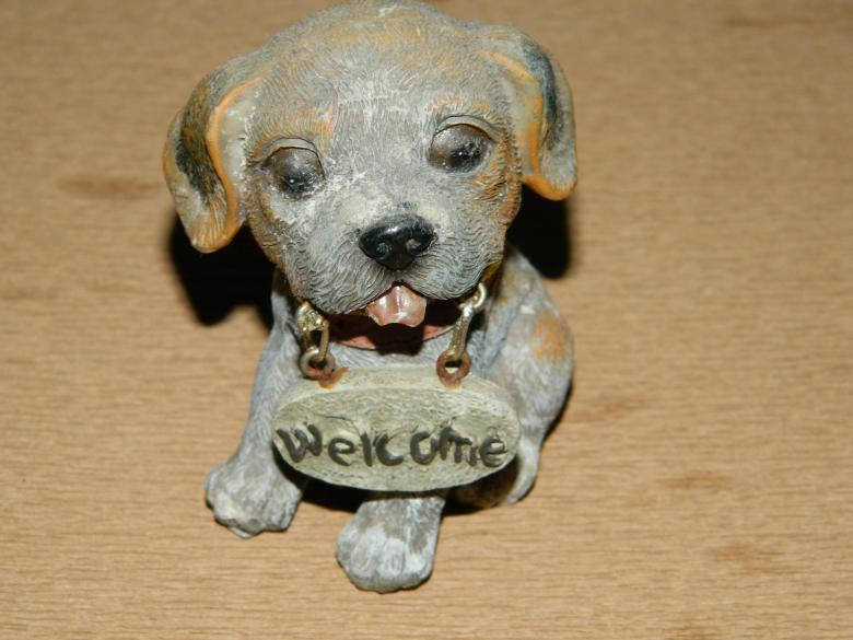 happy puppy, welcome sign, weathered figurine, SD Desktop Wallpaper