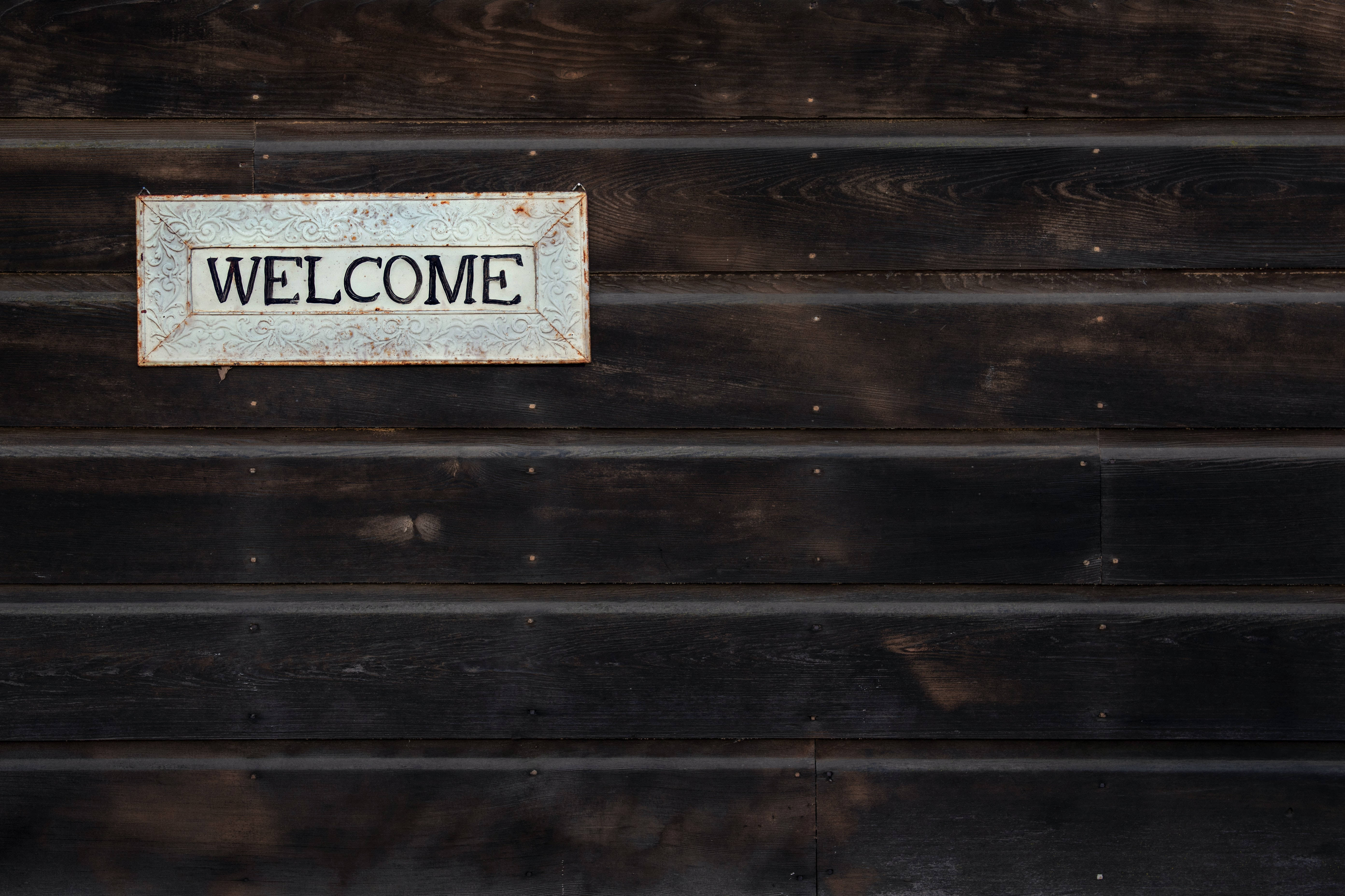 metal welcome sign, vintage weathered, dark rustic wooden planks, 5K Desktop Wallpaper