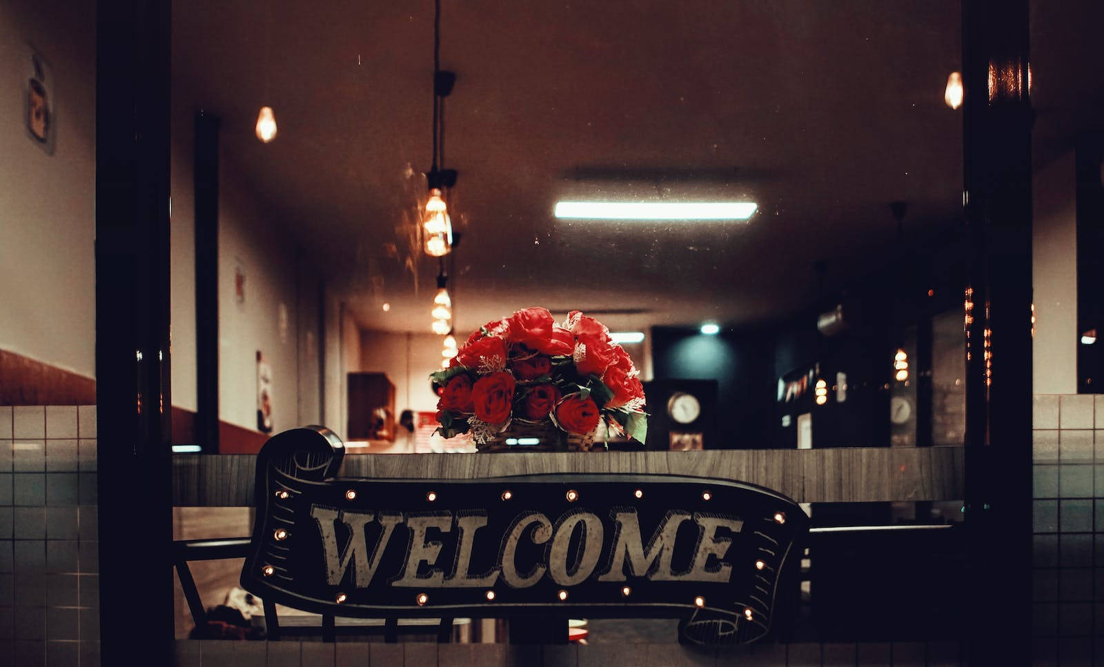 WELCOME, lit black signage, vintage diner entrance, HD Desktop Wallpaper