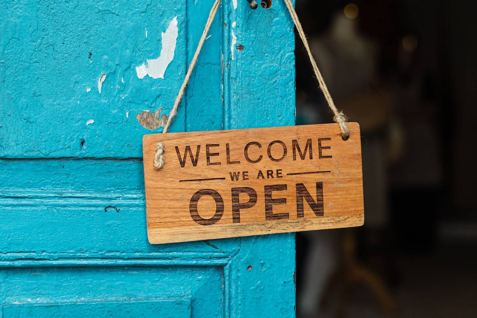 WELCOME WE ARE OPEN, teal door, rustic wooden sign, HD Desktop Wallpaper