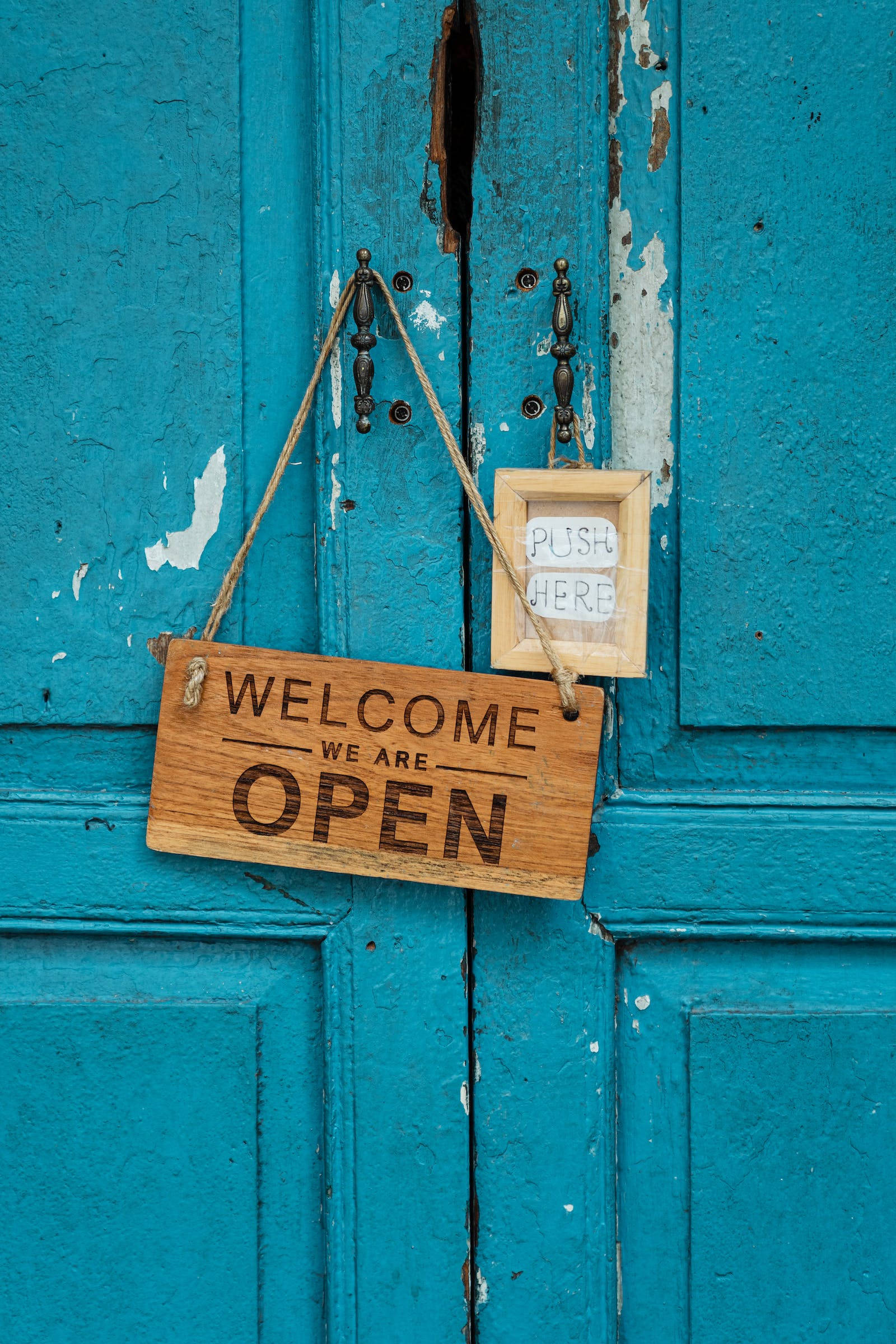WELCOME WE ARE OPEN, rustic wooden sign, weathered turquoise door, Full HD Phone Wallpaper