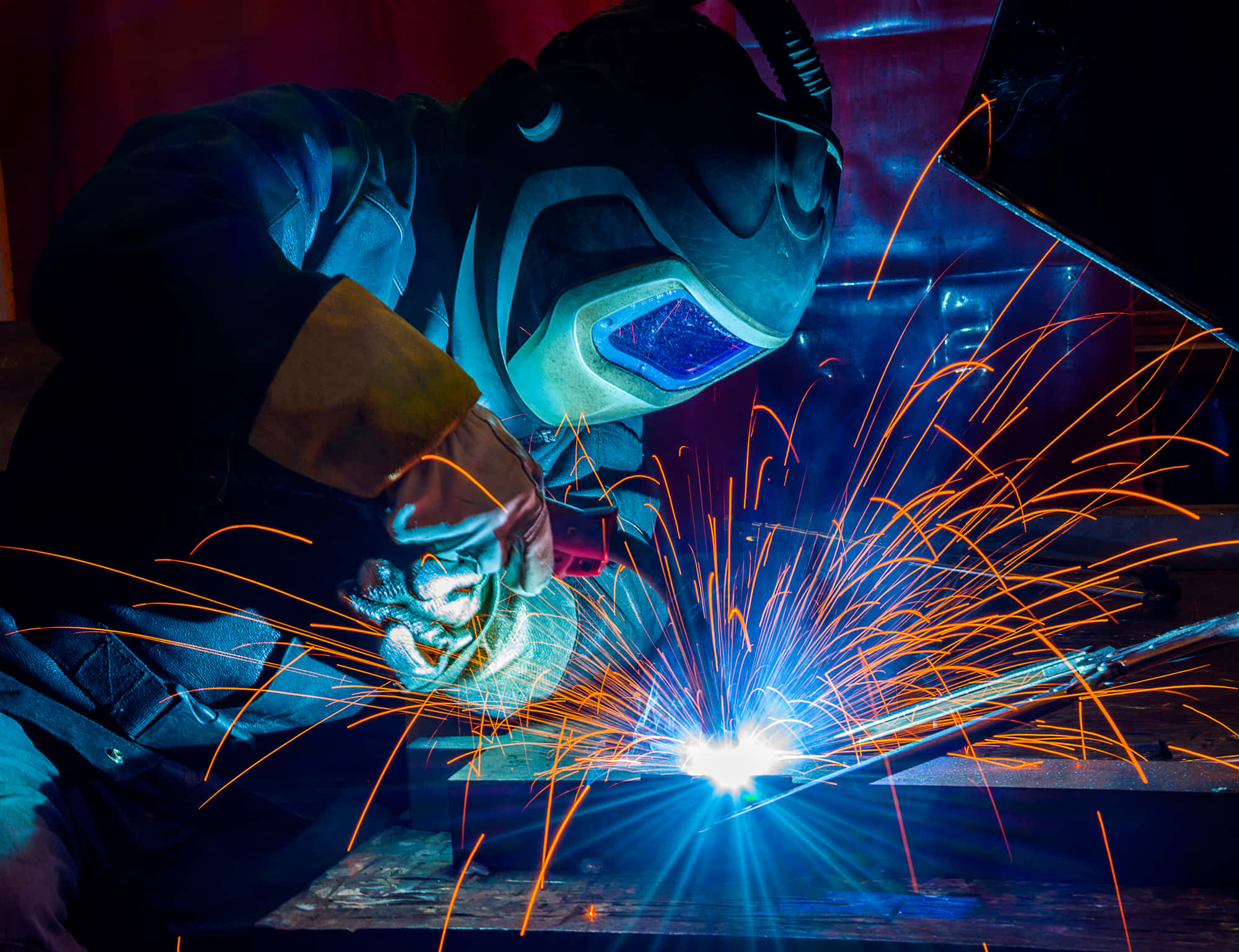 welder, protective gear, orange sparks, Full HD Desktop Wallpaper