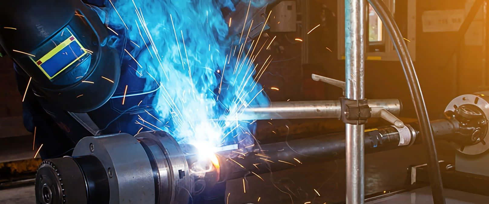 welding, blue flames, metal pipe, HD Desktop Wallpaper