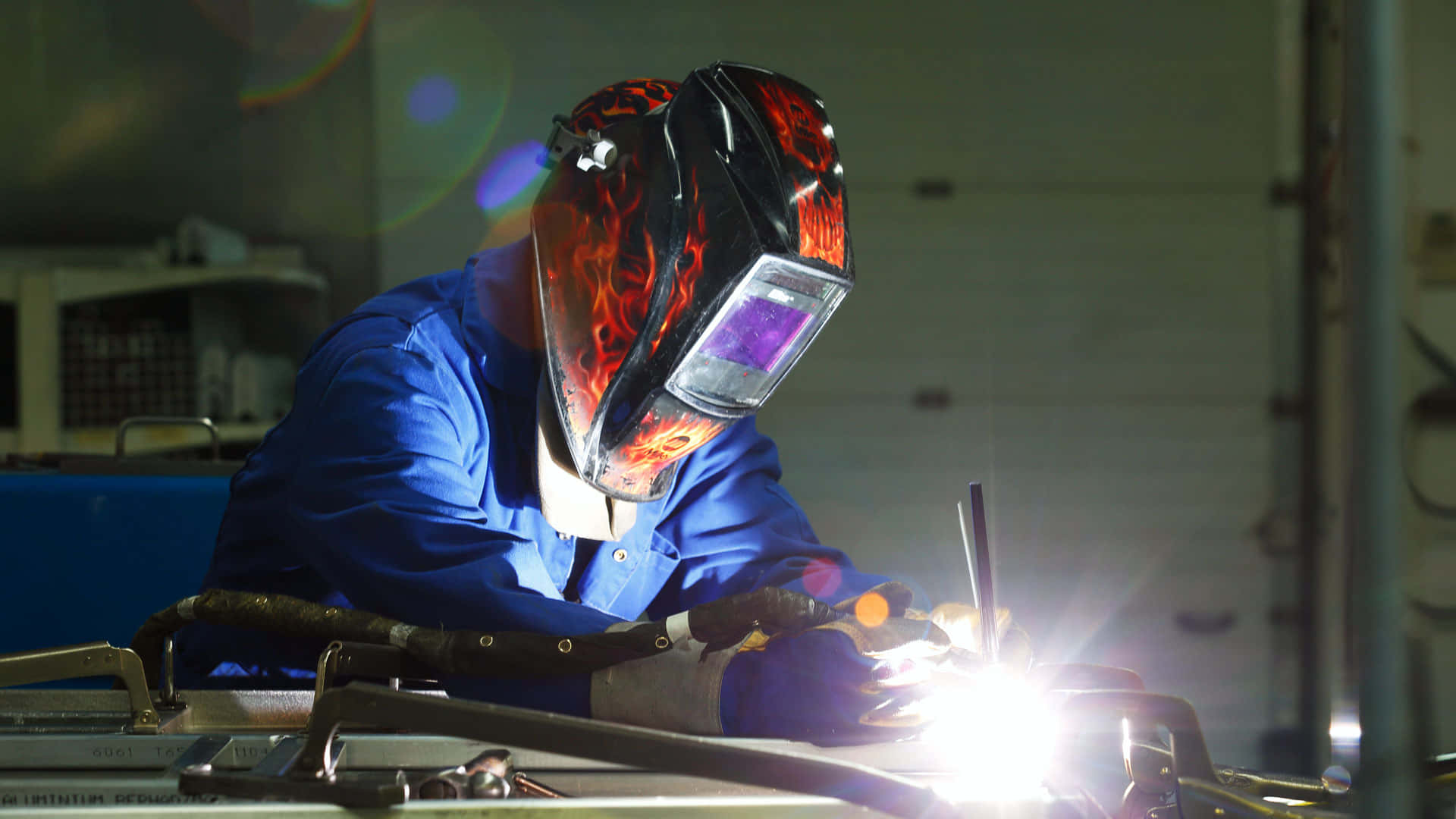 welder, flame-patterned helmet, welding arc, Full HD Desktop Wallpaper