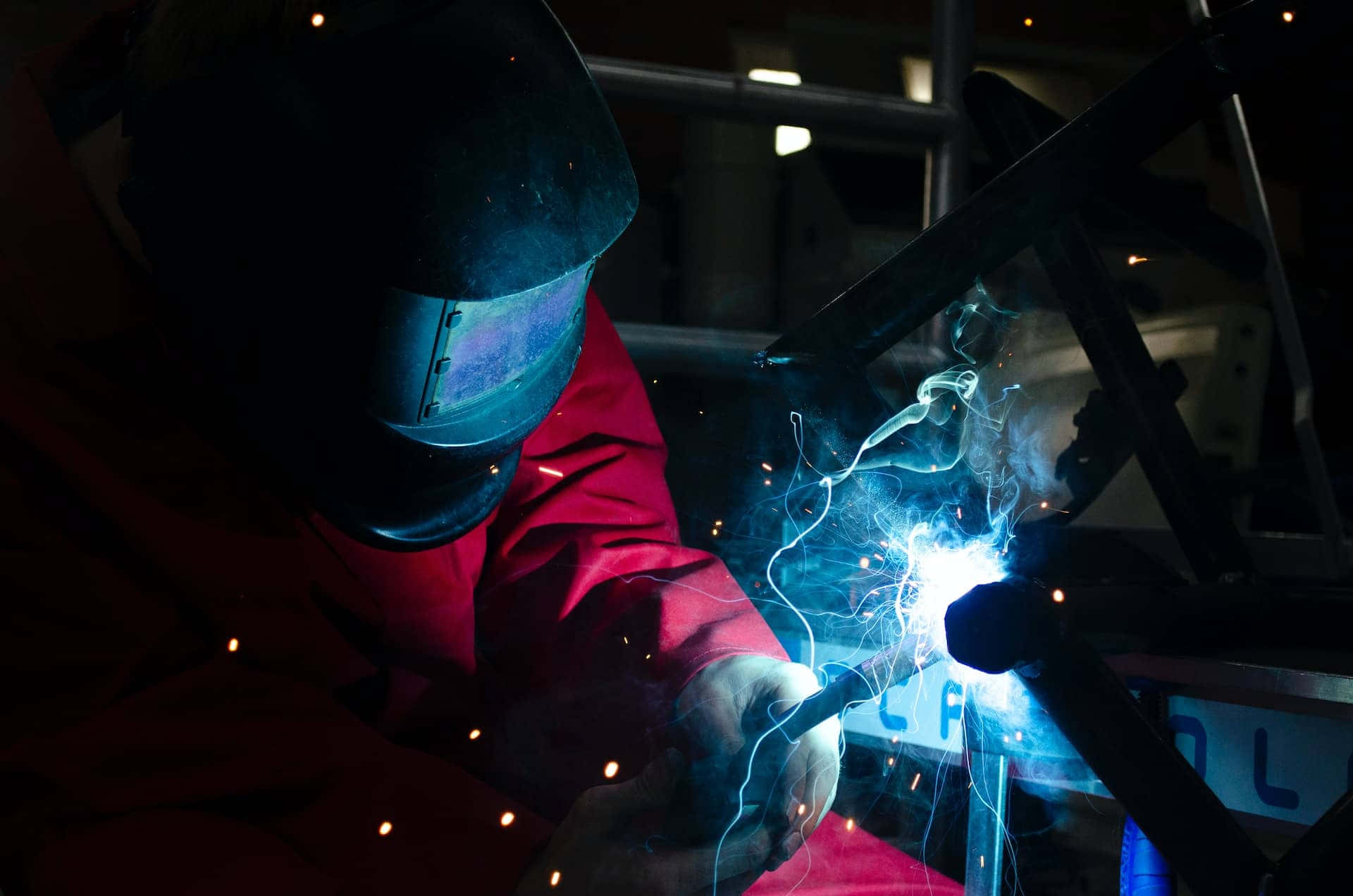 welder, red jacket, dark helmet, Full HD Desktop Wallpaper