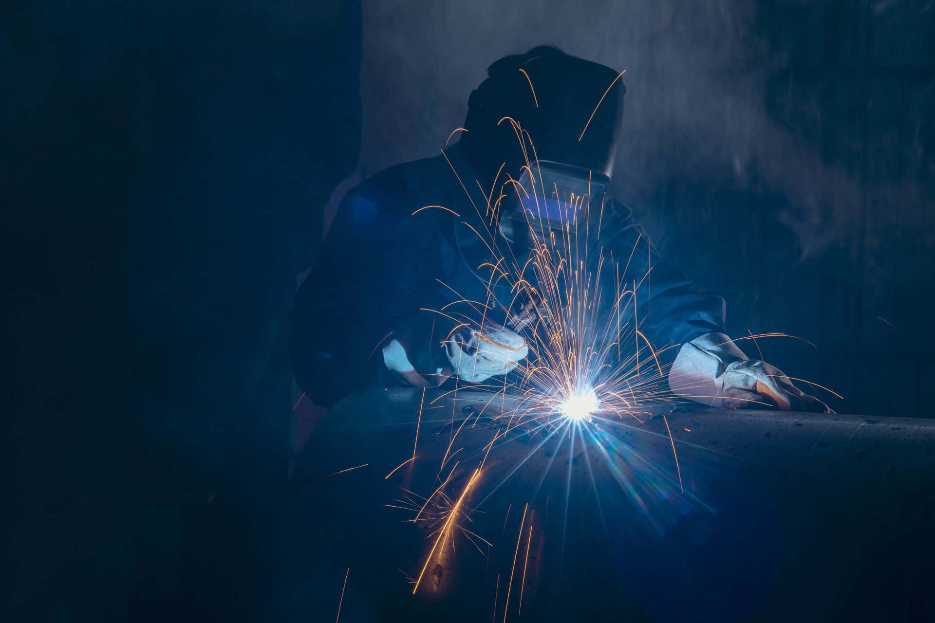 welder, orange sparks, metal piece, Full HD Desktop Wallpaper