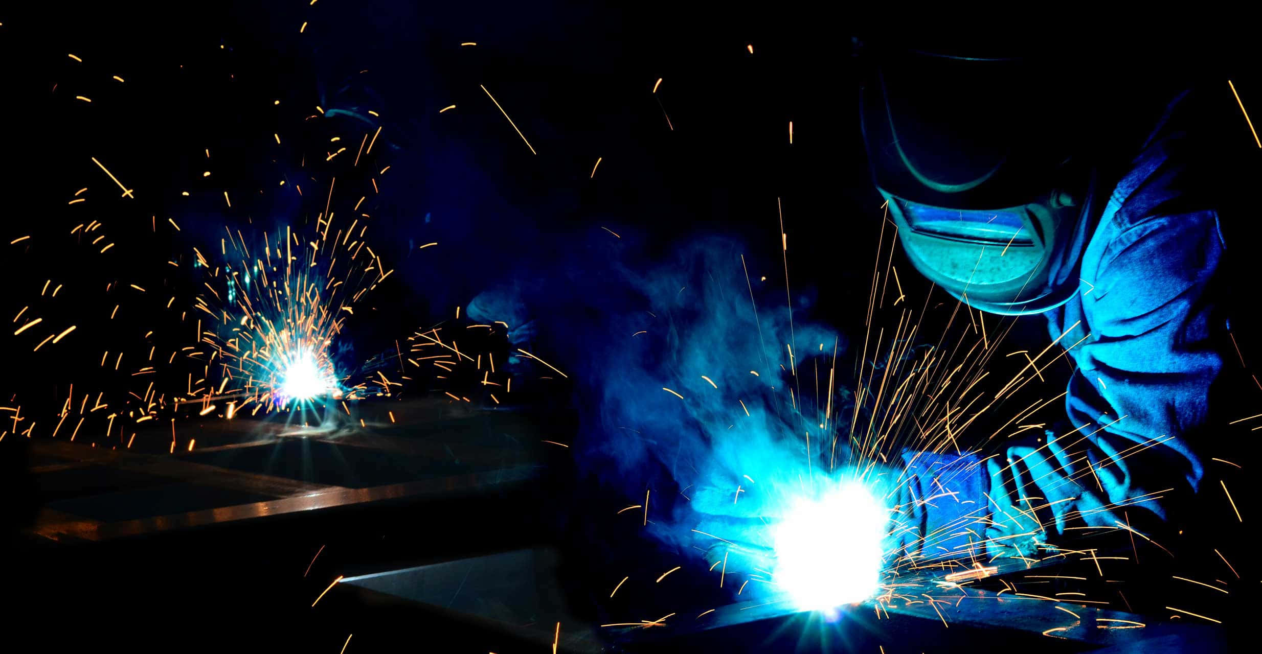 welder, blue helmet, dark metal, Full HD Desktop Wallpaper