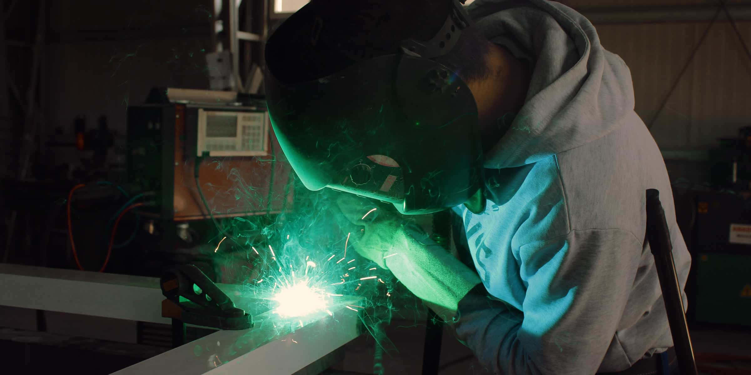 welder, dark helmet, green light, Full HD Desktop Wallpaper
