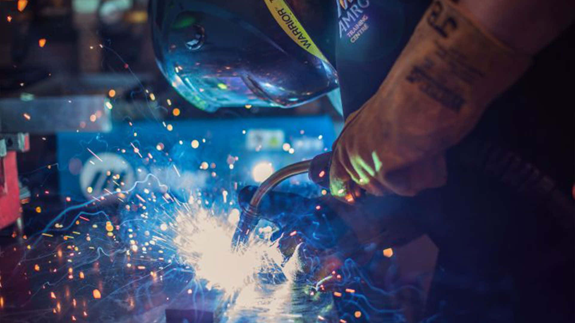 welder, blue helmet, sparks, Full HD Desktop Wallpaper