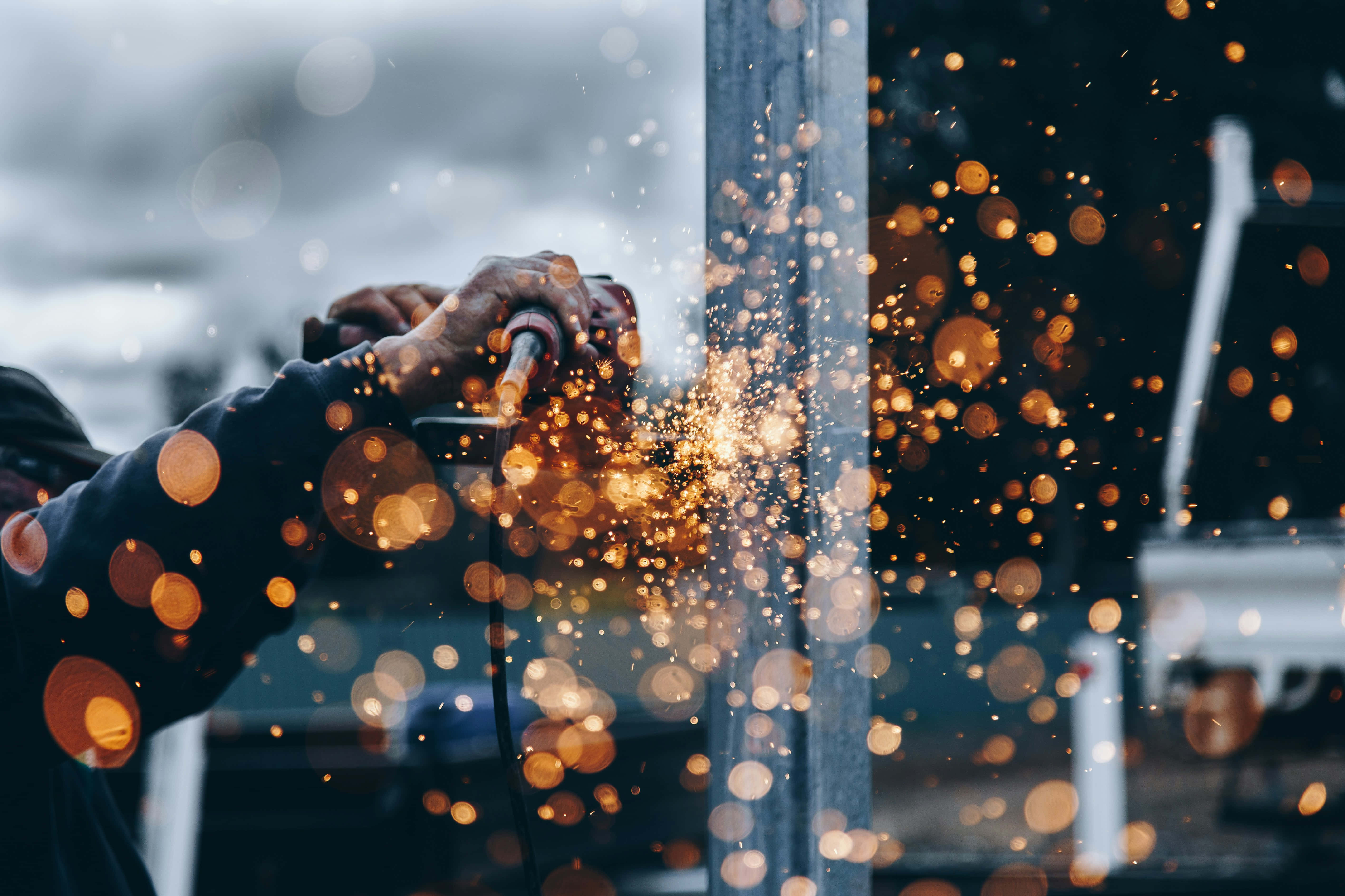 welder, sparks flying, industrial setting, 5K Desktop Wallpaper