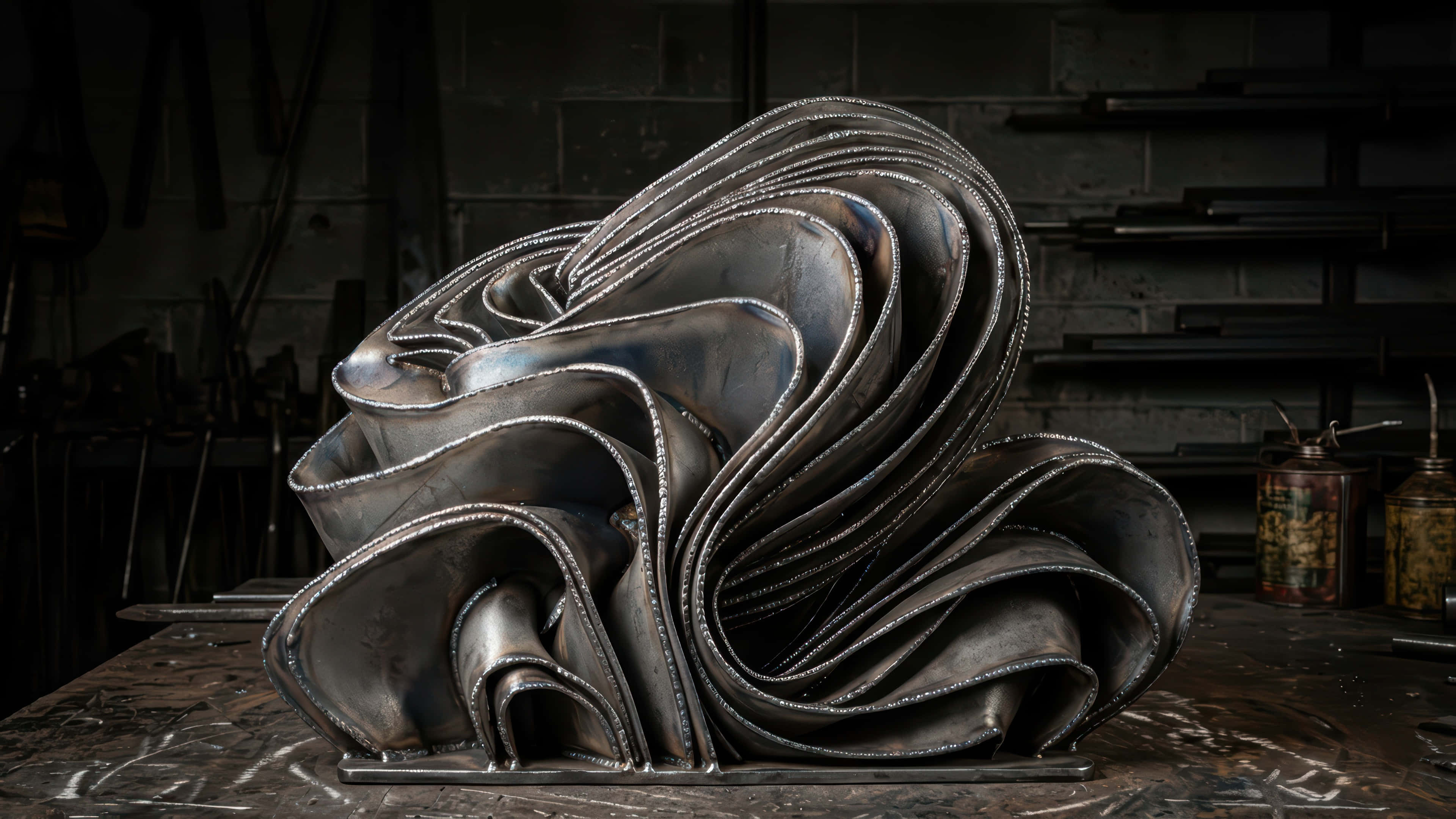 welded metal bloom, modded wallpaper, abstract sculpture, 4K Desktop Wallpaper