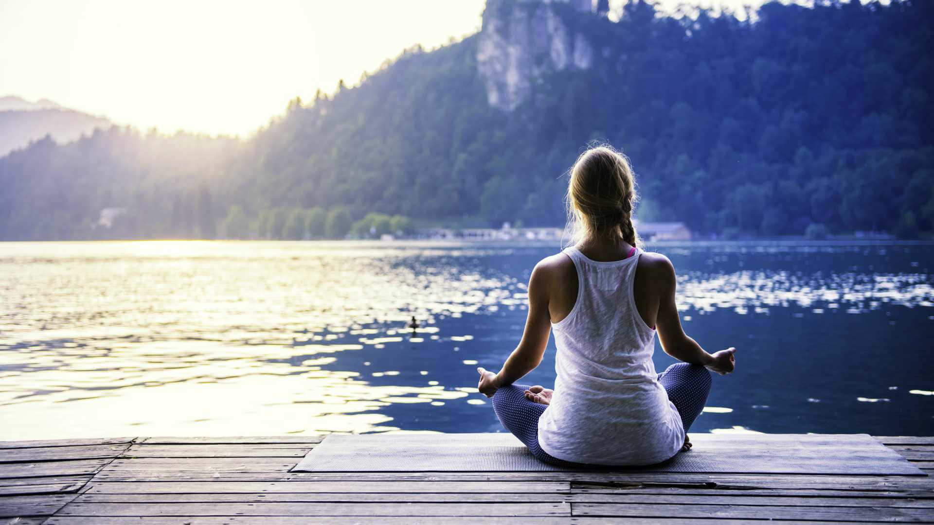 lotus position, wooden dock, serene lake, Full HD Desktop Wallpaper