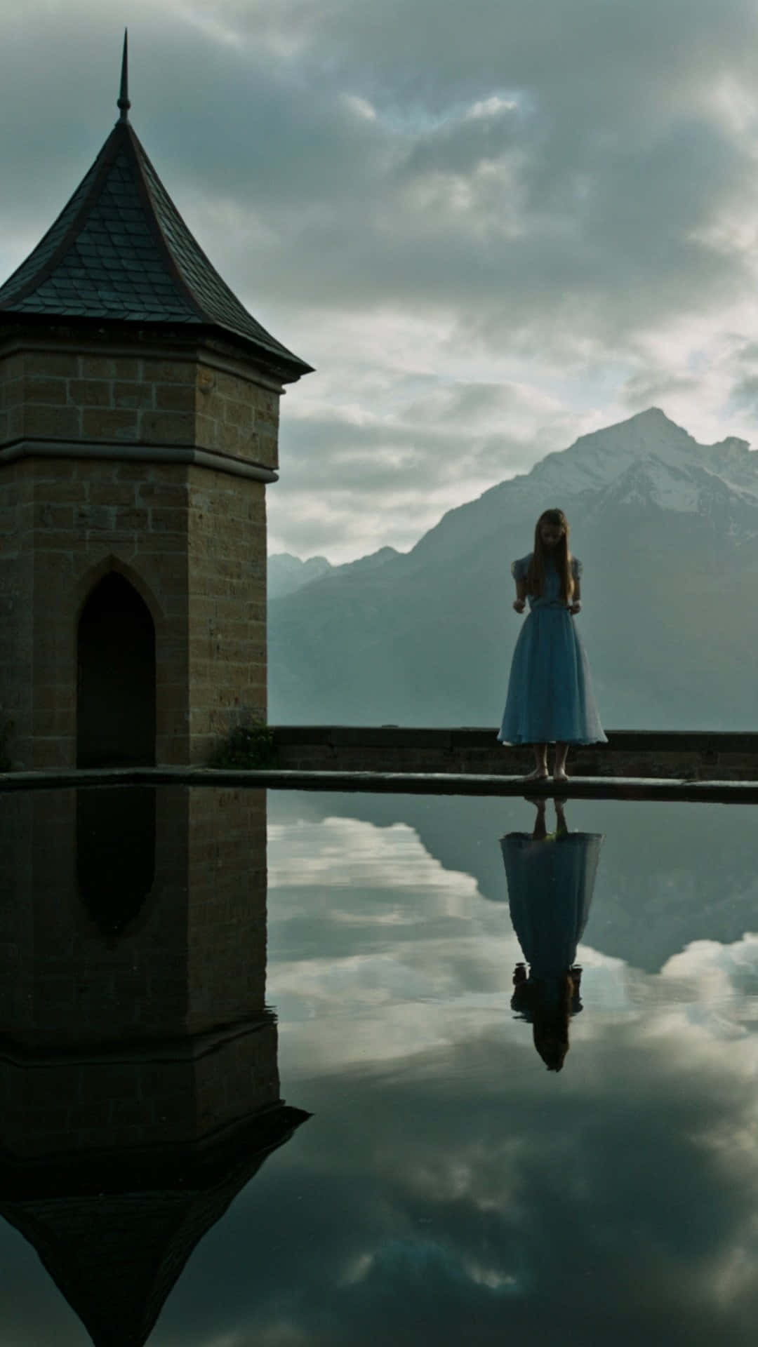 blue dress, stone ledge, tower, Full HD Phone Wallpaper