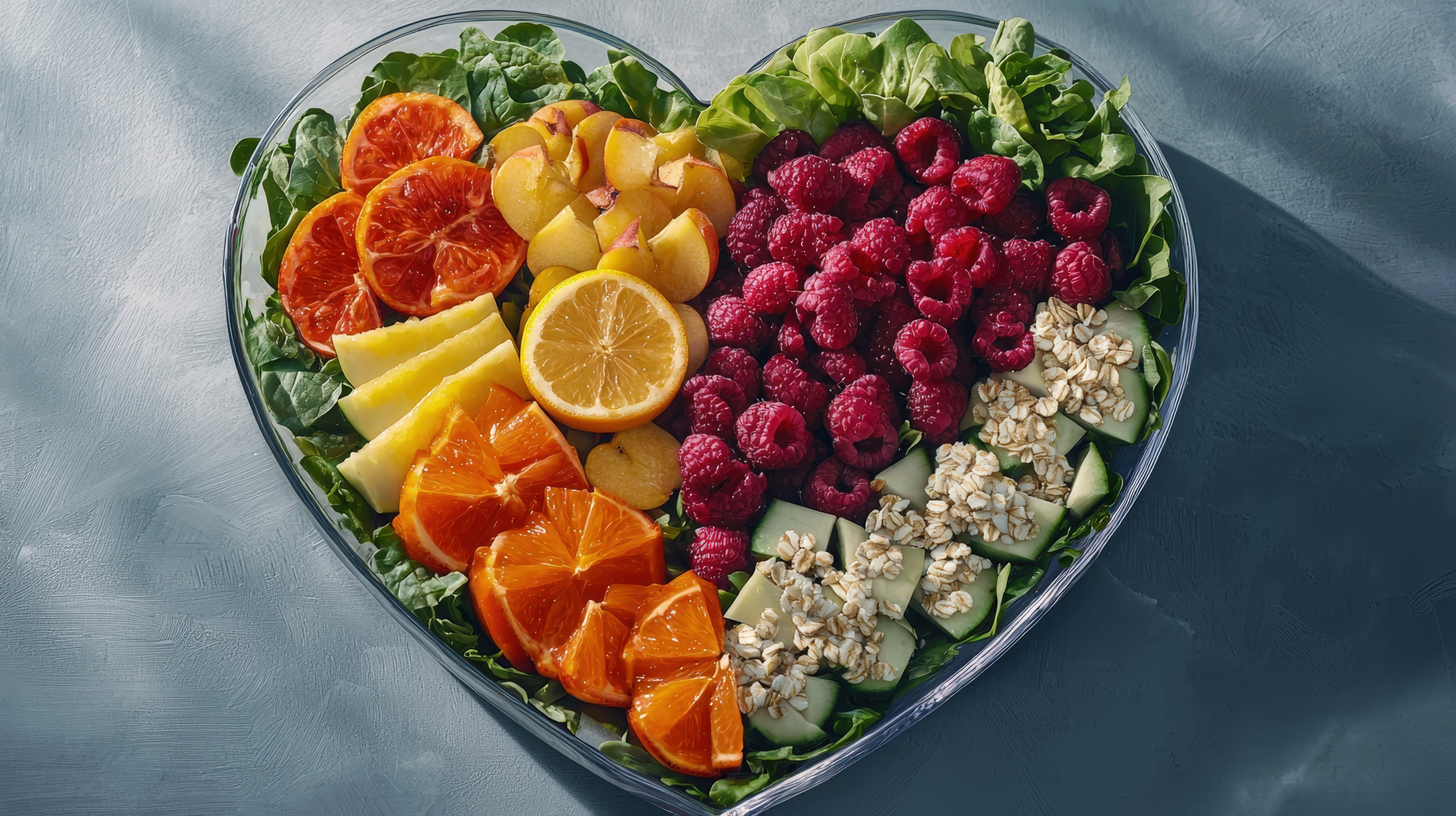 heart-shaped glass bowl, vibrant fruits, greens, 8K Desktop Wallpaper