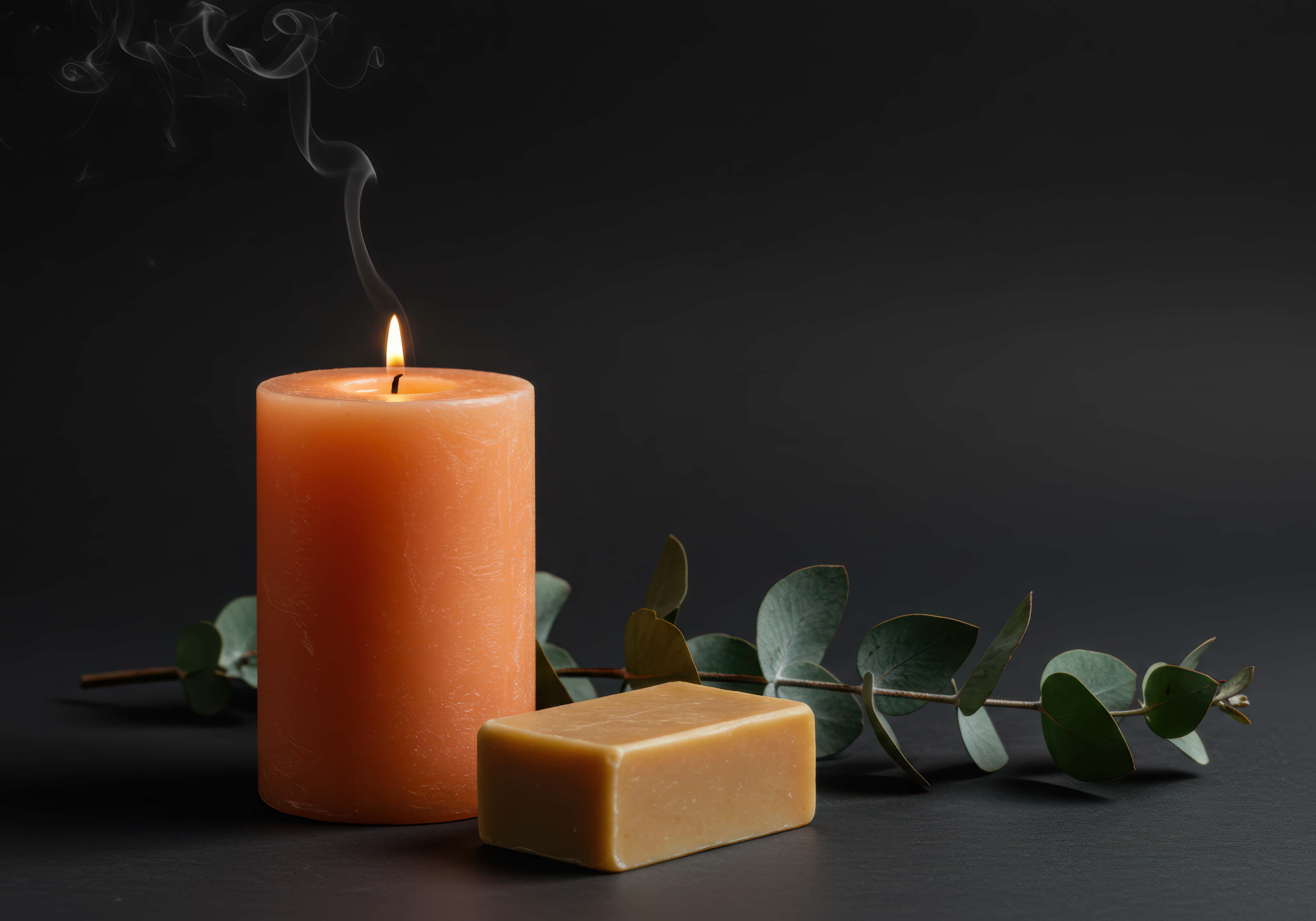burning candle, soap with eucalyptus, eucalyptus branches, 5K Desktop Wallpaper