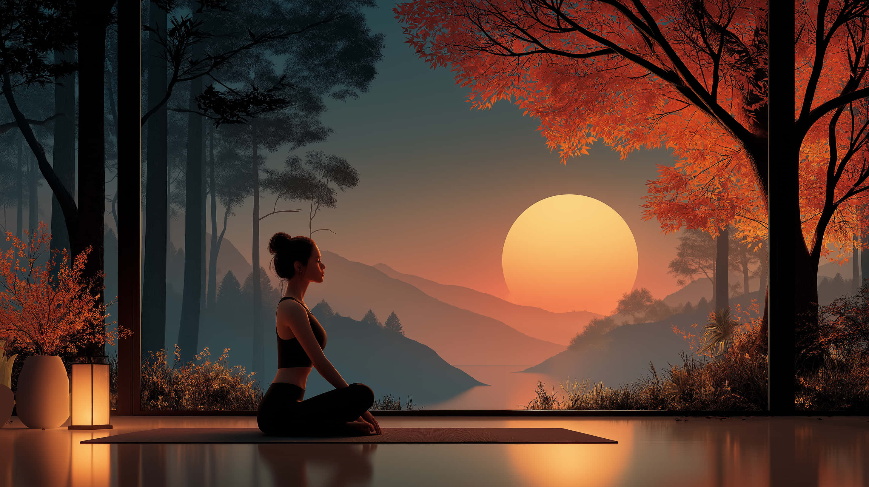 silhouette, glowing orange sun, misty mountains, 2K Desktop Wallpaper