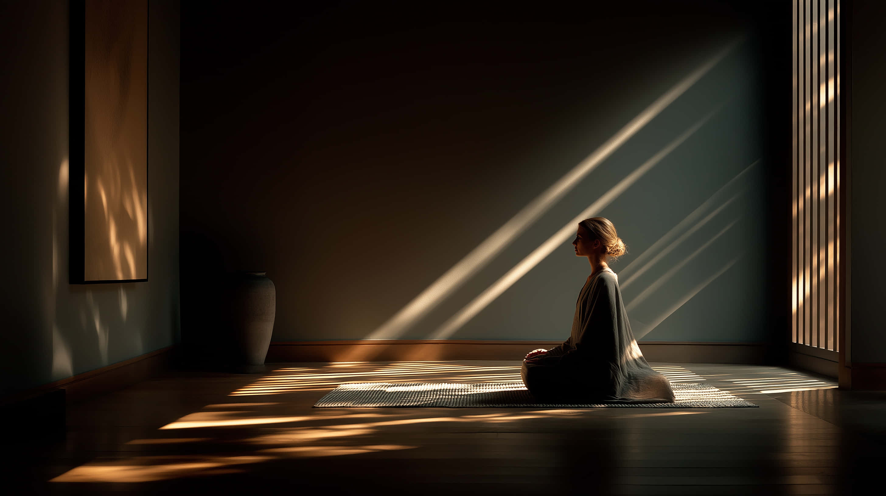 woman meditating, serene room, sunlight patterns, 2K Desktop Wallpaper