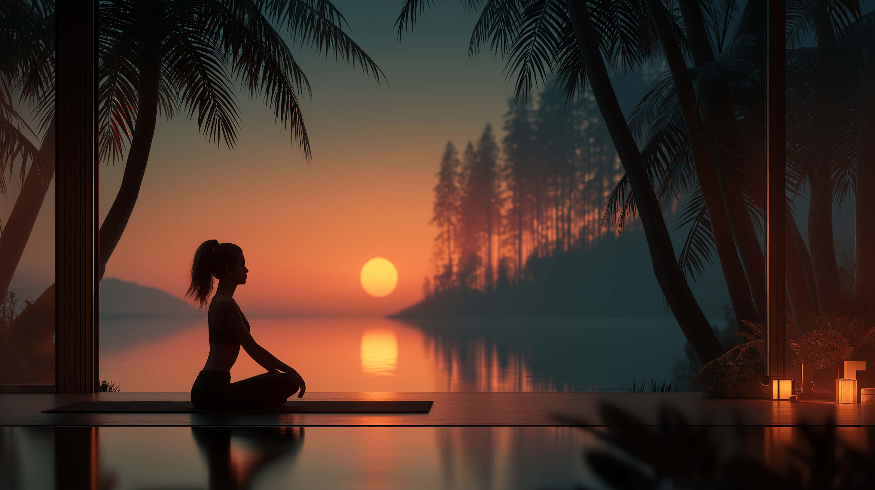 yoga session, sunset, palm trees, 2K Desktop Wallpaper