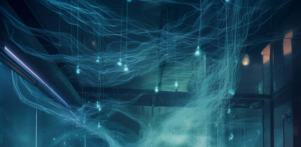 ethereal blue light installation, glowing blue fiber optic strands, futuristic interior, SD Desktop Wallpaper