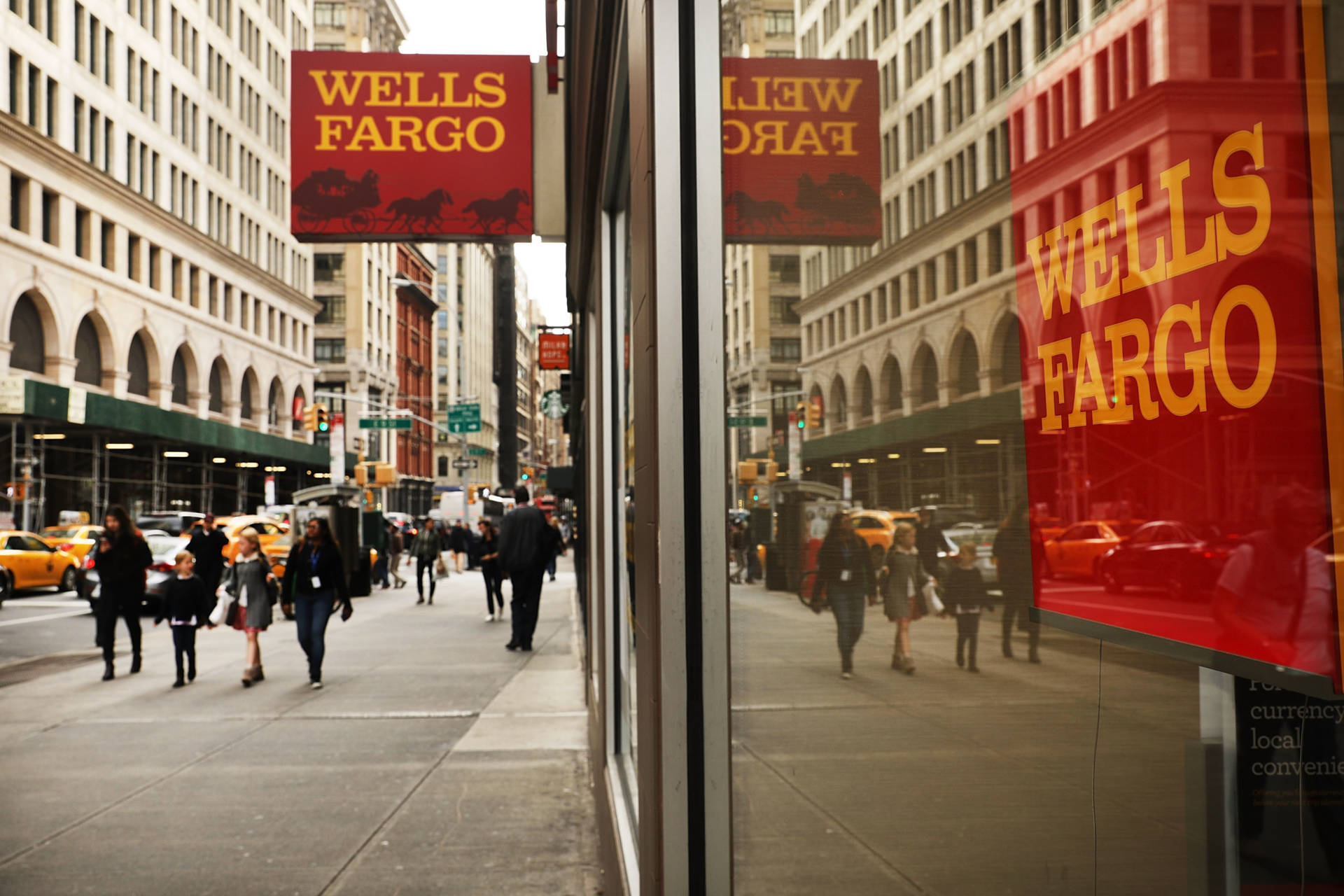 Wells Fargo, red sign, glass window, Full HD Desktop Wallpaper