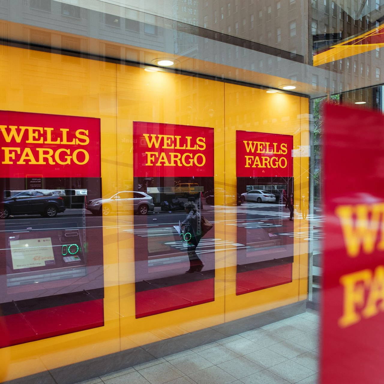 Wells Fargo, red and yellow branding, glass windows, HD Desktop Wallpaper