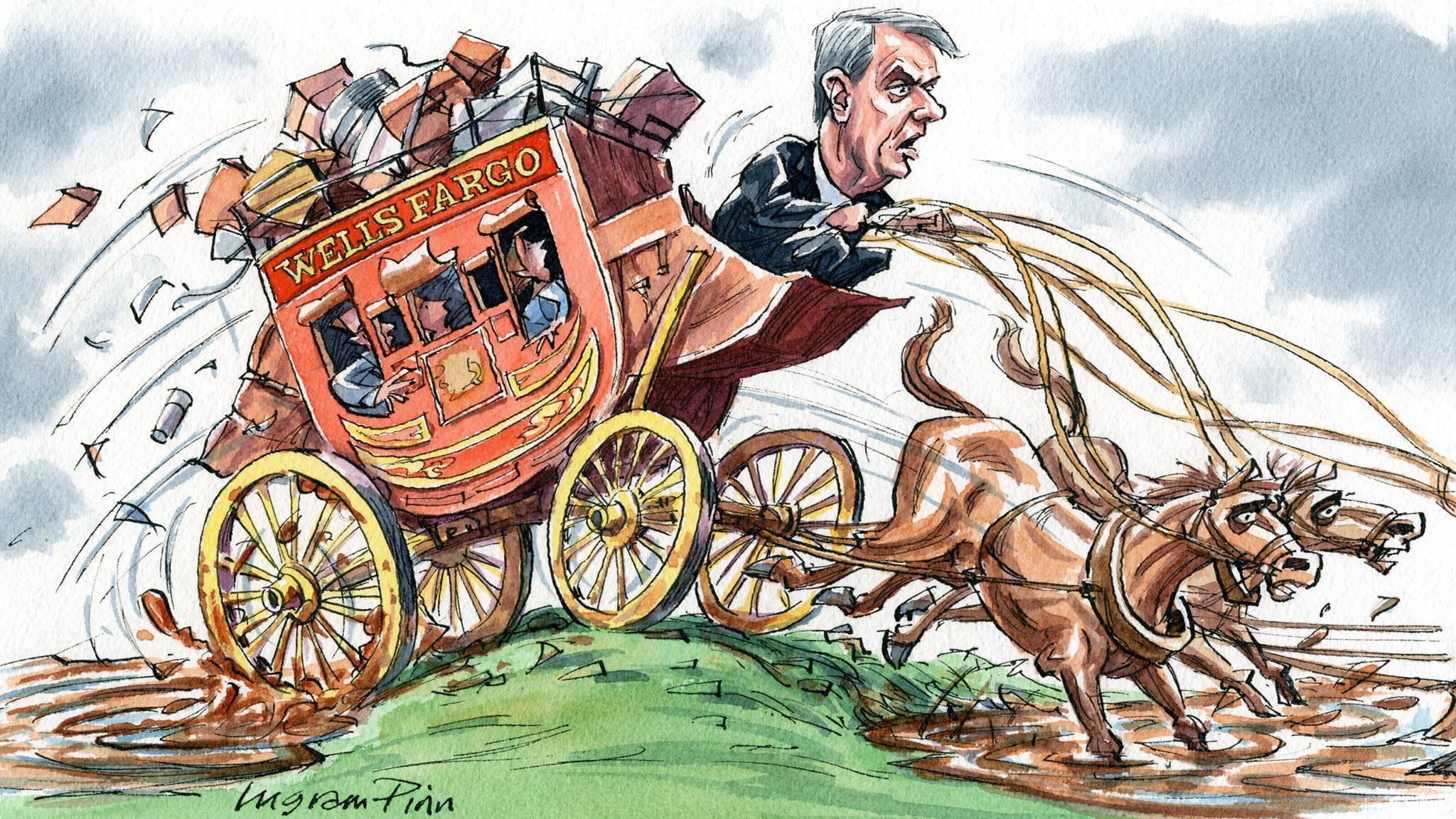 Wells Fargo, stagecoach, watercolor cartoon, Full HD Desktop Wallpaper