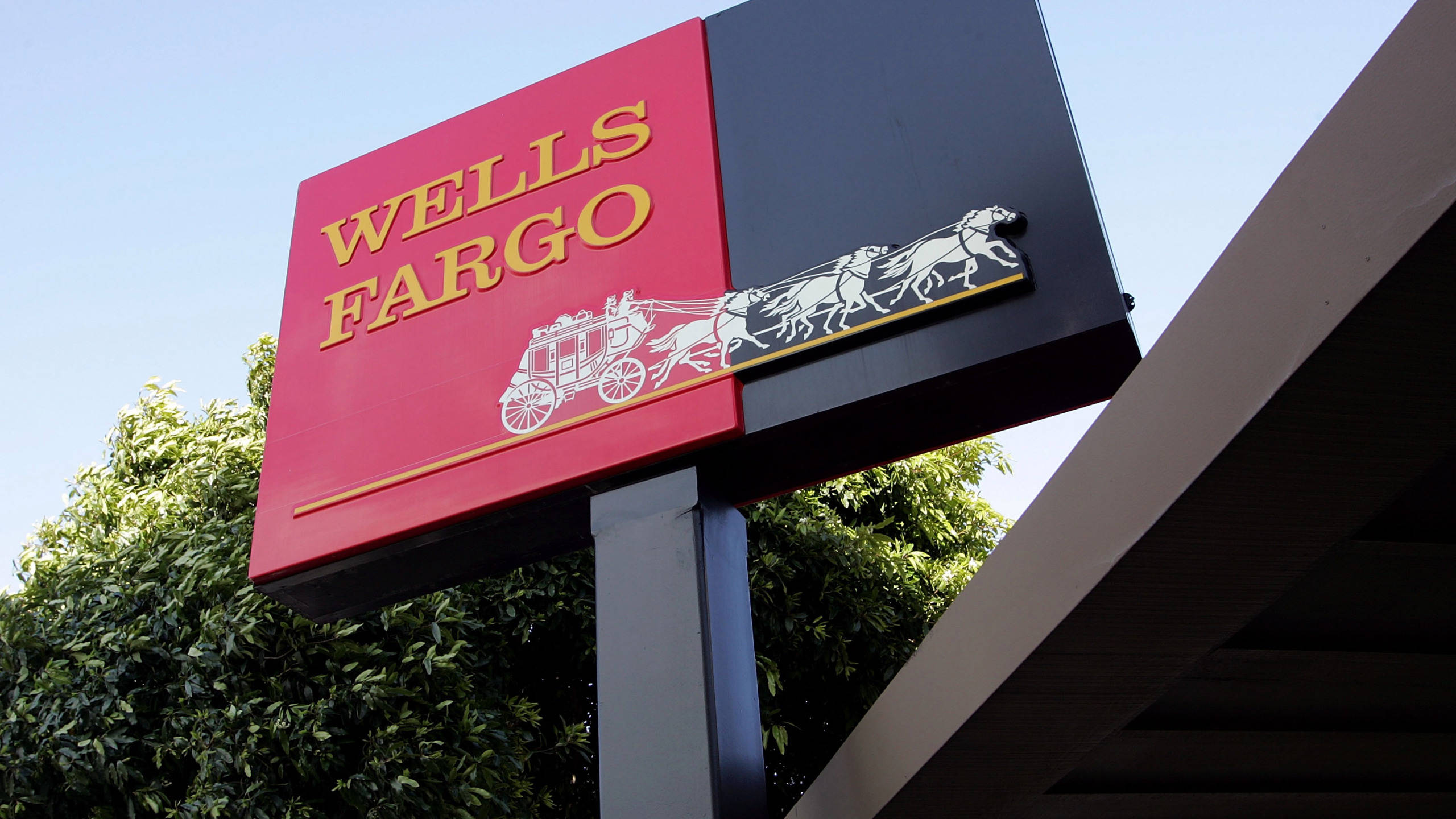 Wells Fargo, red and black, gold horse-drawn carriage logo, 2K Desktop Wallpaper