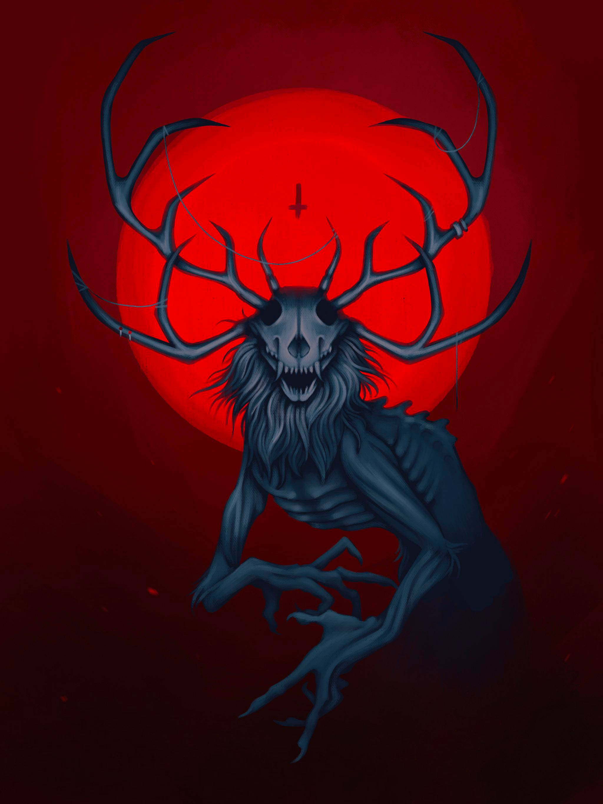 Wendigo, red aesthetic, glowing red full moon, 2K Phone Wallpaper