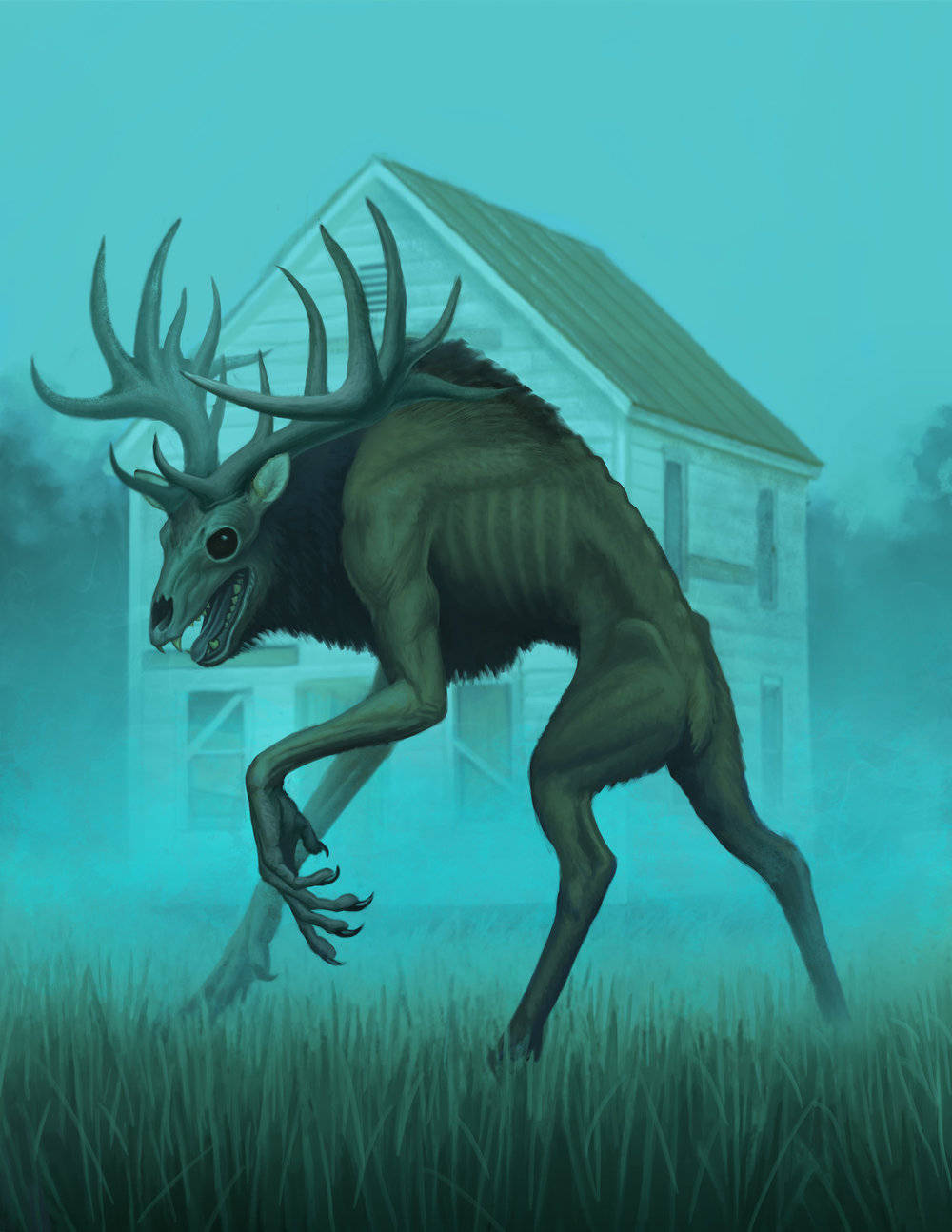 Wendigo, haunted house, misty grass, HD Phone Wallpaper