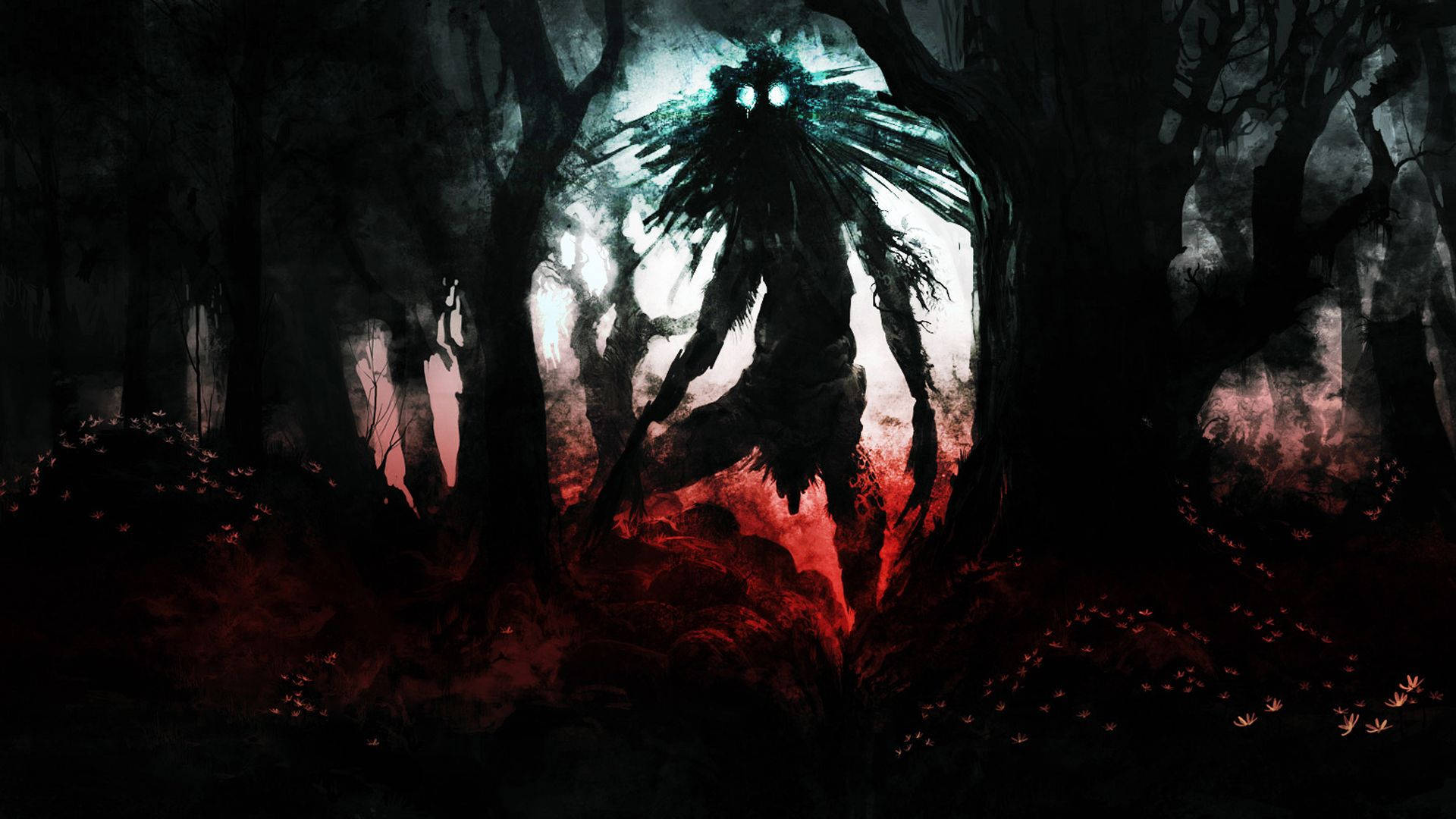 Wendigo, dark forest, eerie red and teal light, Full HD Desktop Wallpaper