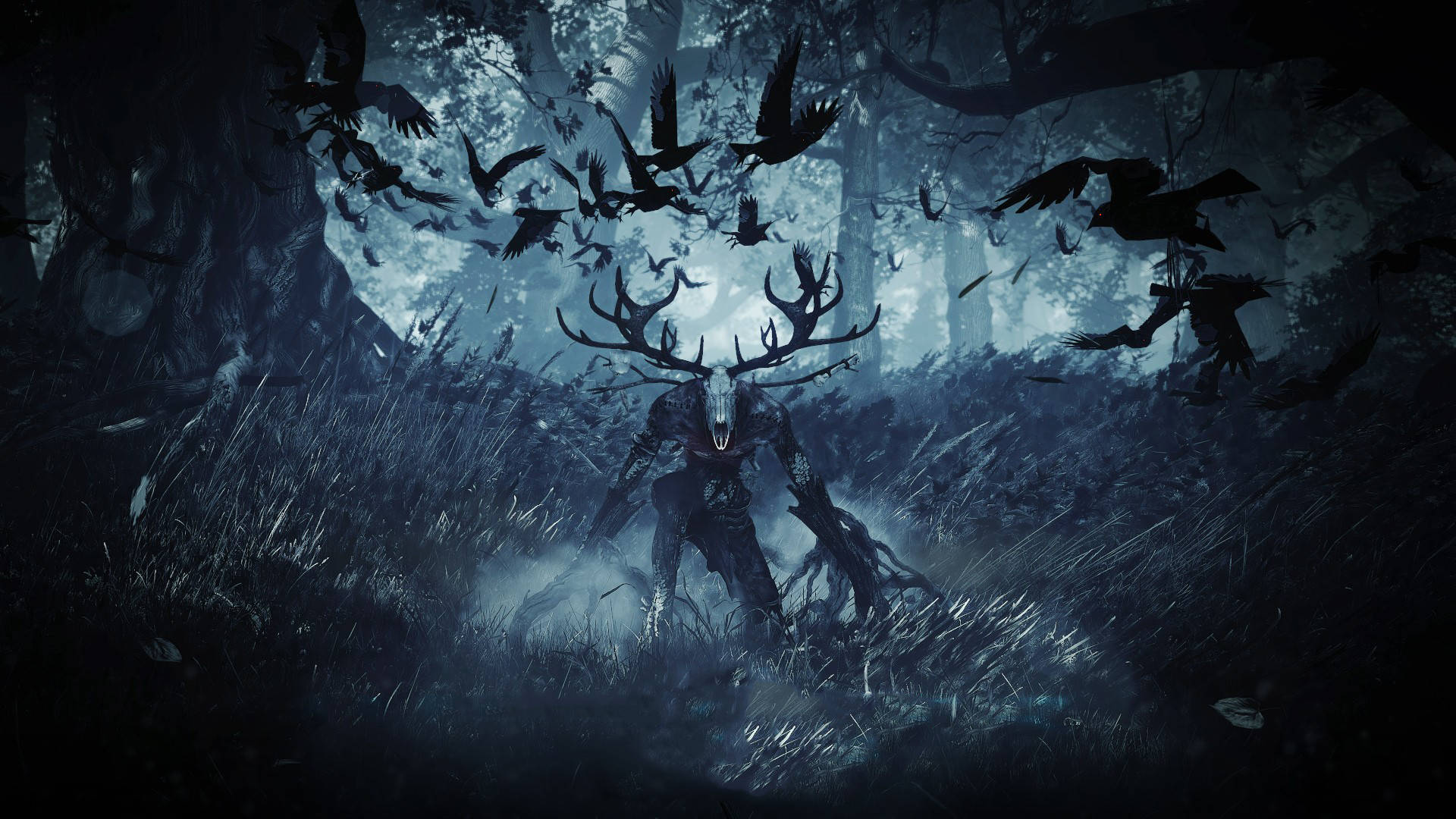 Wendigo, crows, moonlit sky, Full HD Desktop Wallpaper