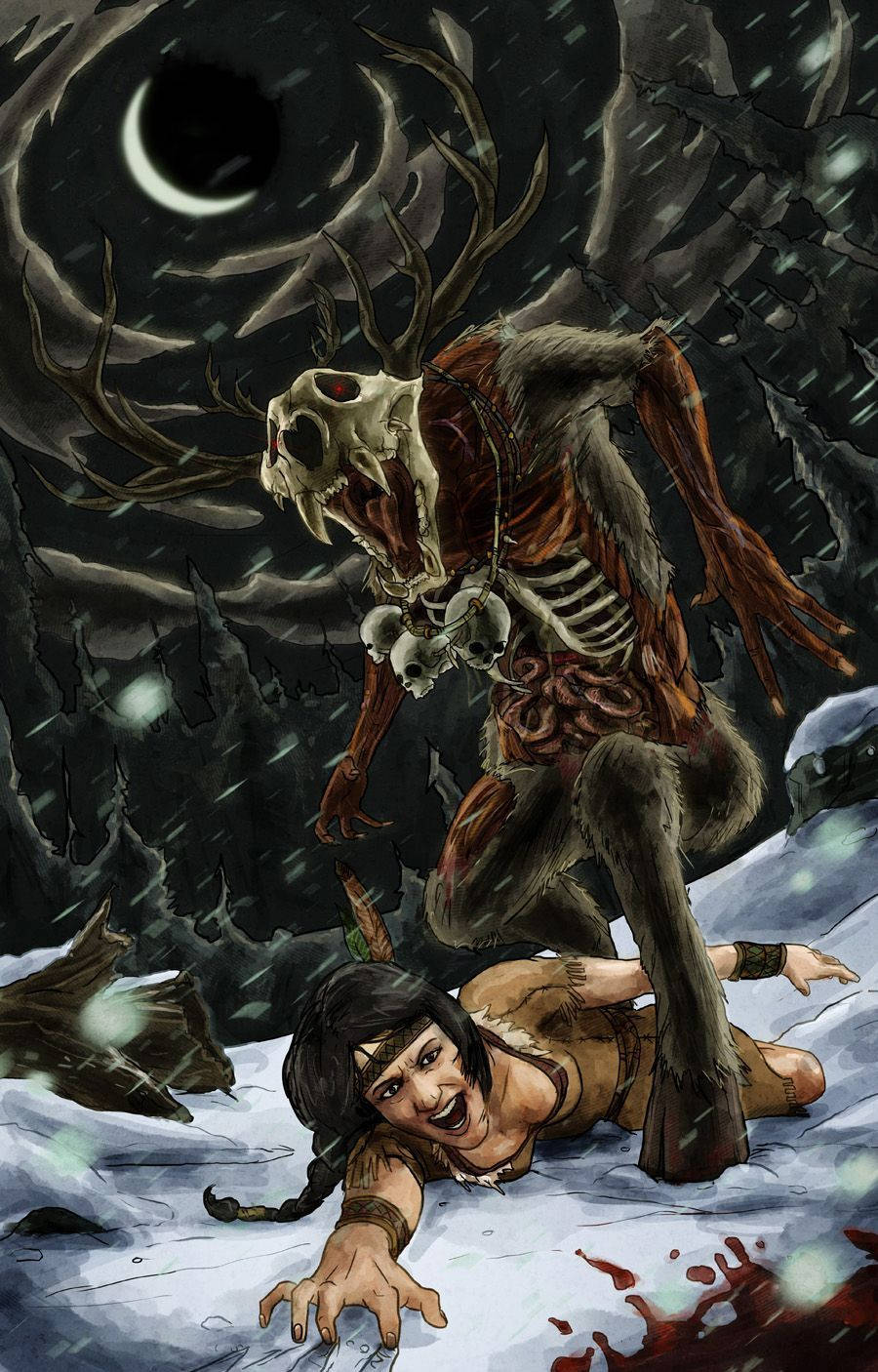 Wendigo, skeletal stag monster, crescent moon, HD Phone Wallpaper