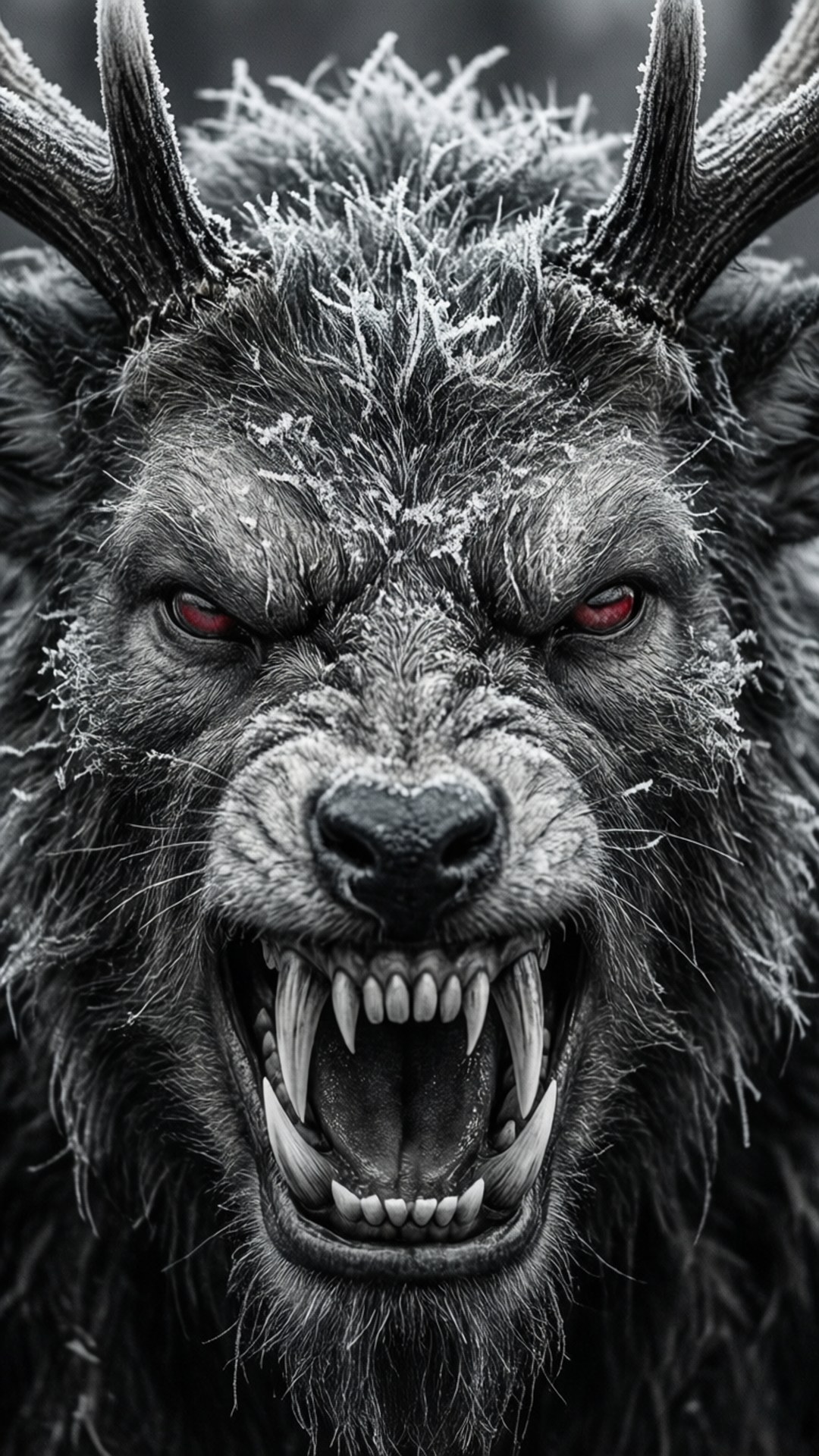 Wendigo, frost-covered werewolf, glowing red eyes, Full HD Phone Wallpaper