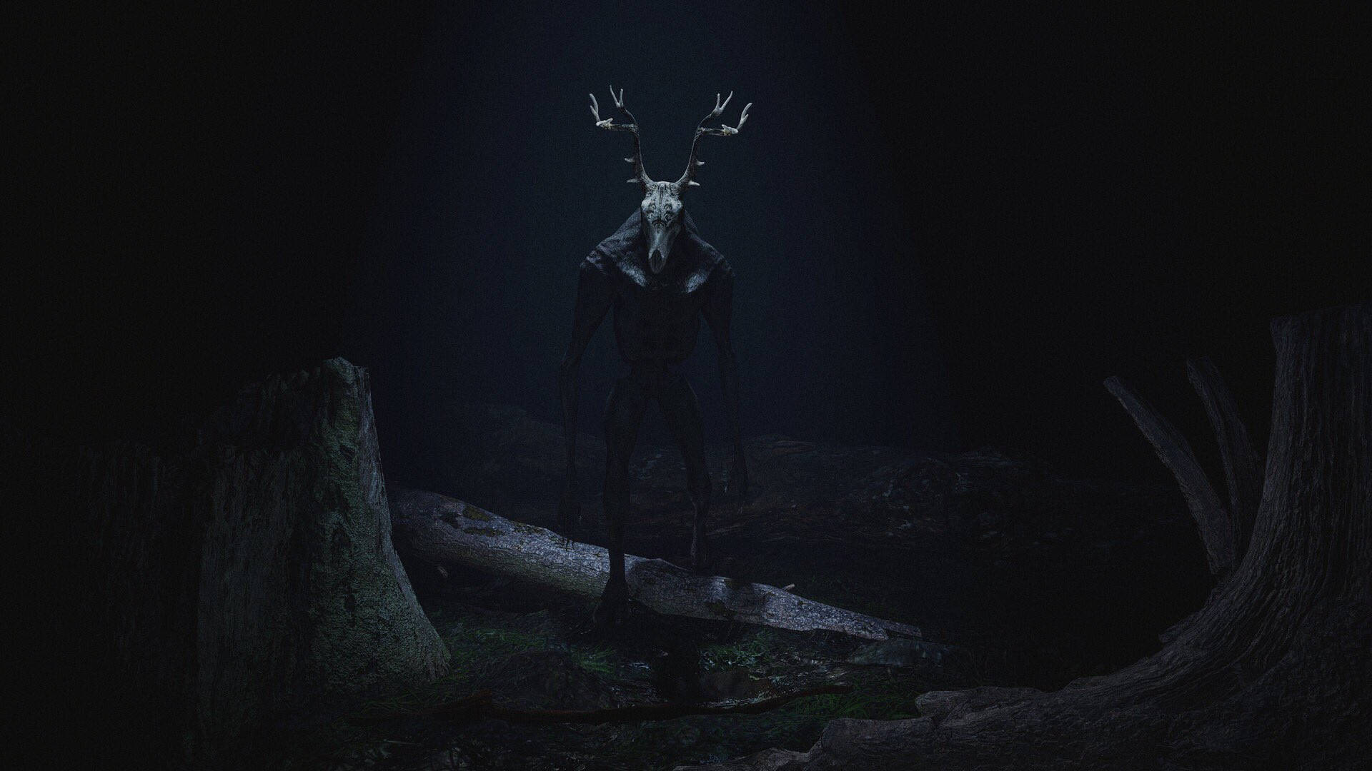 Wendigo, deer-headed creature, glowing eyes, Full HD Desktop Wallpaper
