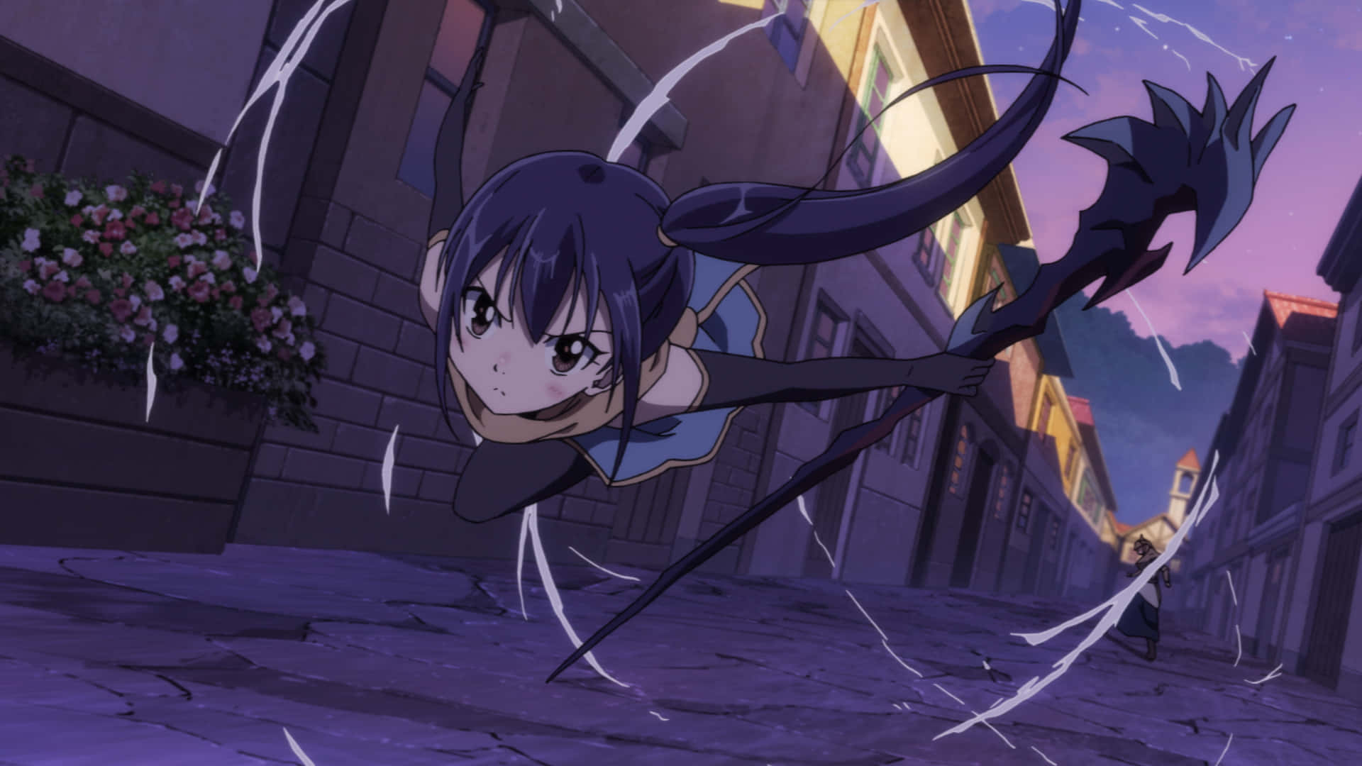 Wendy Marvell, dark pigtails, cobblestone street, Full HD Desktop Wallpaper