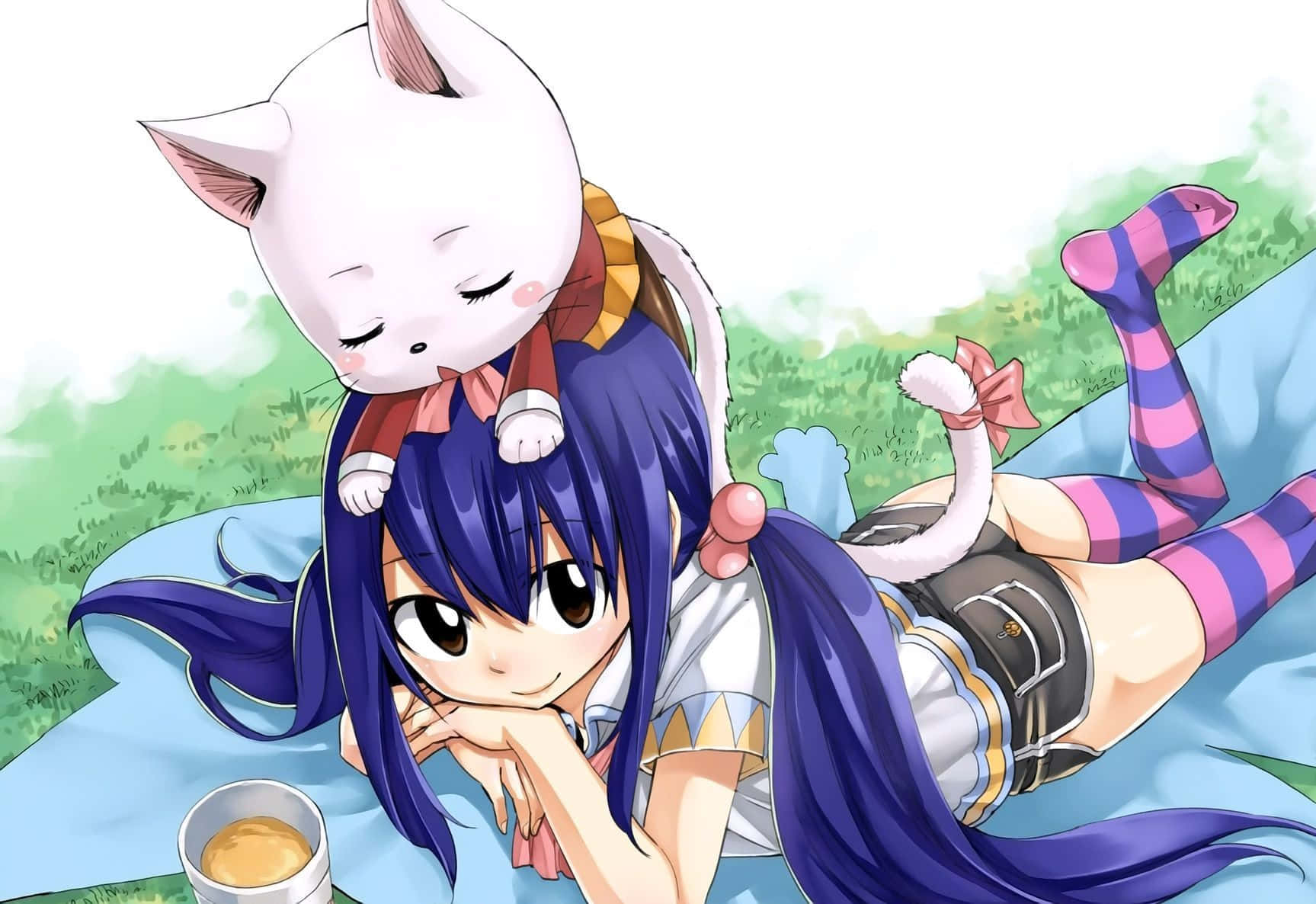 Wendy Marvell, blue hair, white cat, HD Desktop Wallpaper