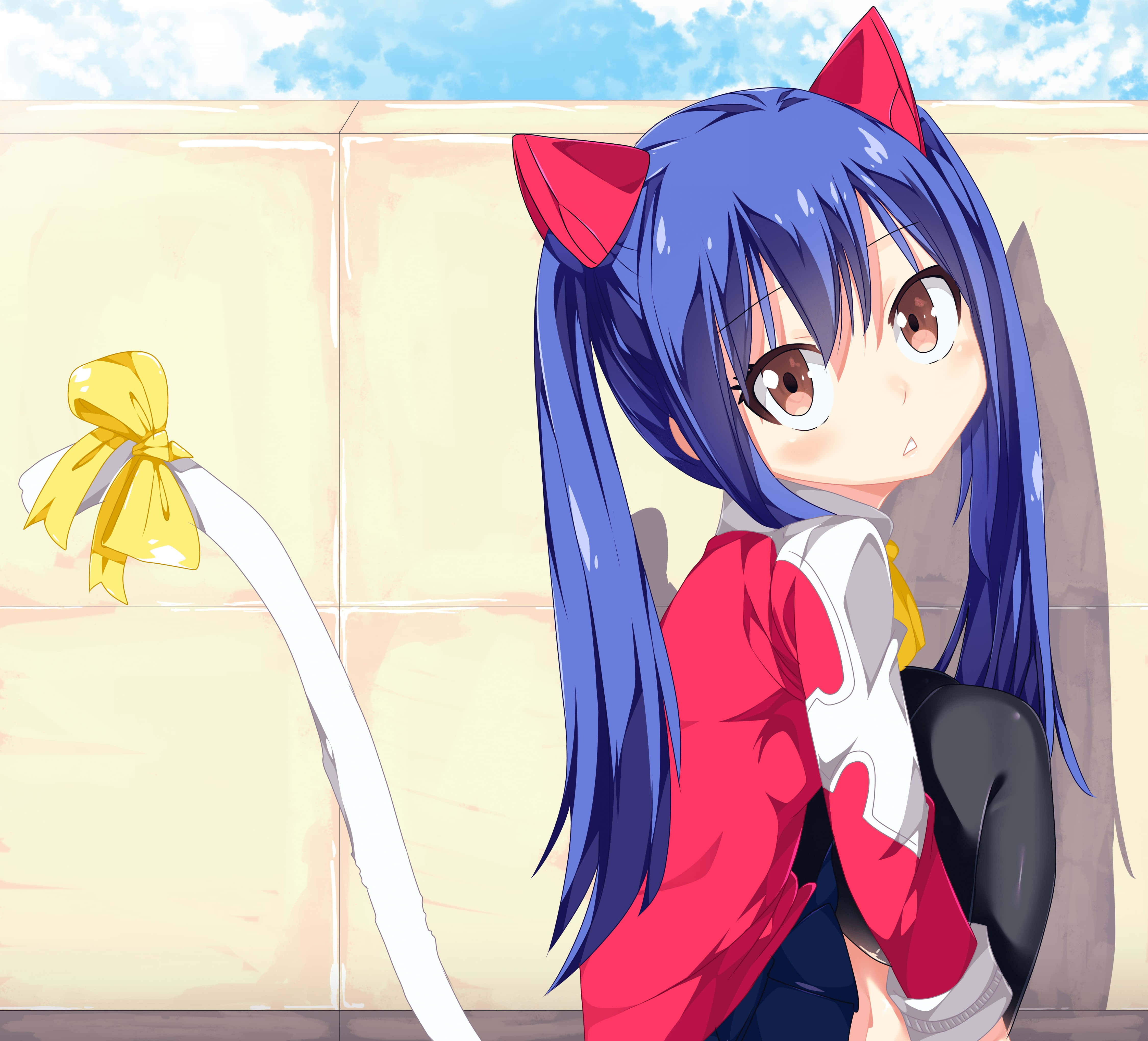 Wendy Marvell, blue-haired anime girl, red cat ears, 4K Desktop Wallpaper