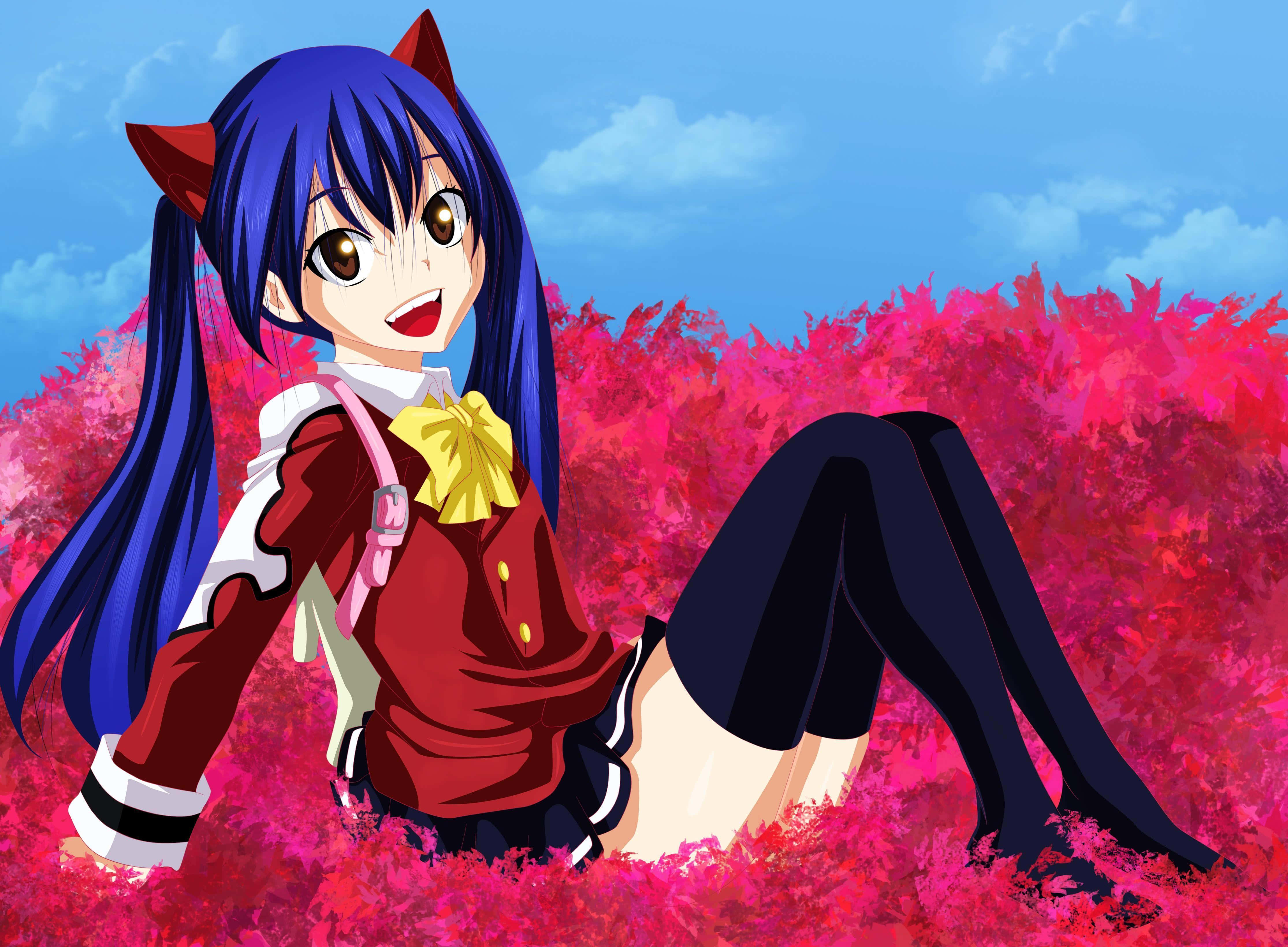 Wendy Marvell, blue hair, red cat ears, 4K Desktop Wallpaper