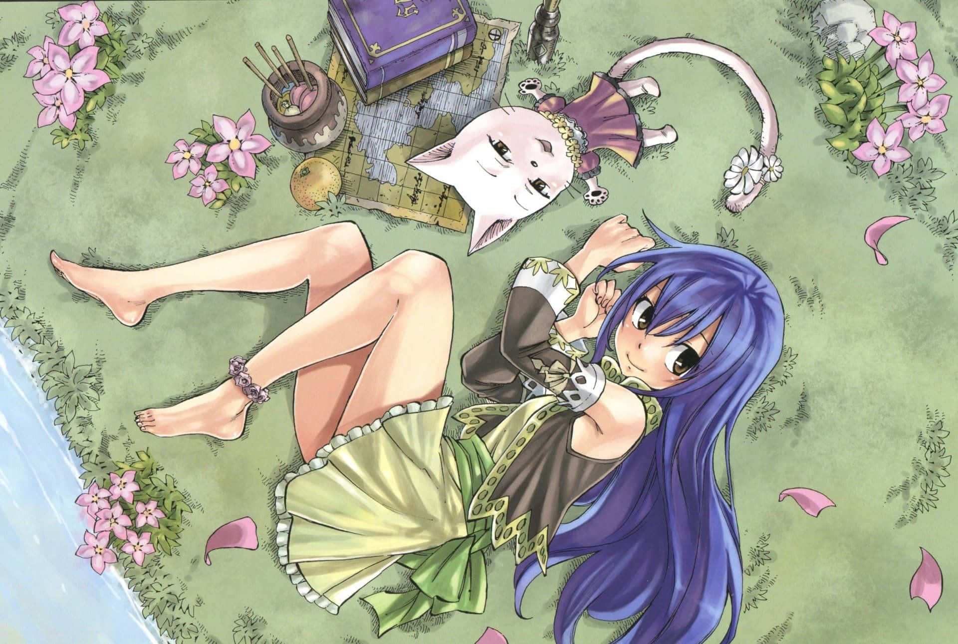 Wendy Marvell, blue-haired anime girl, cat-like creature, Full HD Desktop Wallpaper