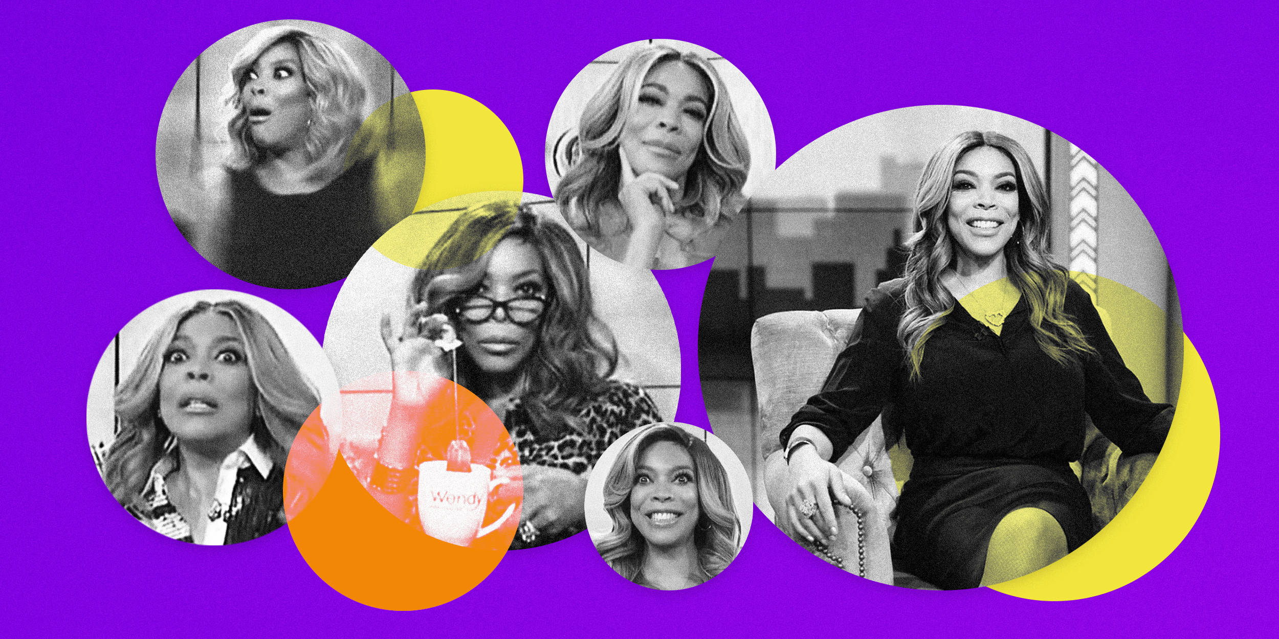Wendy Williams, vibrant purple background, overlapping circles, Full HD Desktop Wallpaper