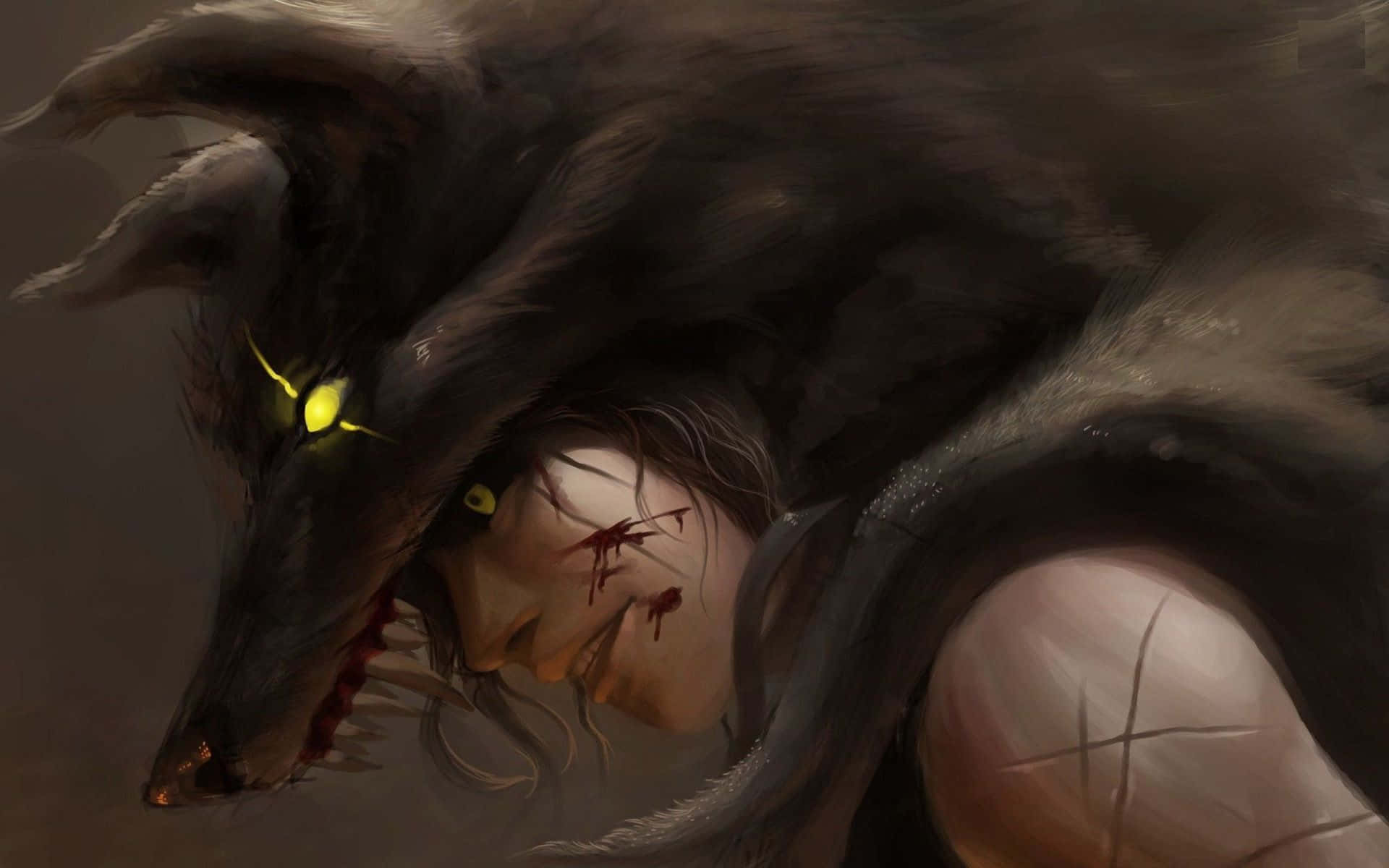 Full Moon Werewolf Costume Transformation, dark-furred werewolf, glowing yellow eyes, Full HD Desktop Wallpaper