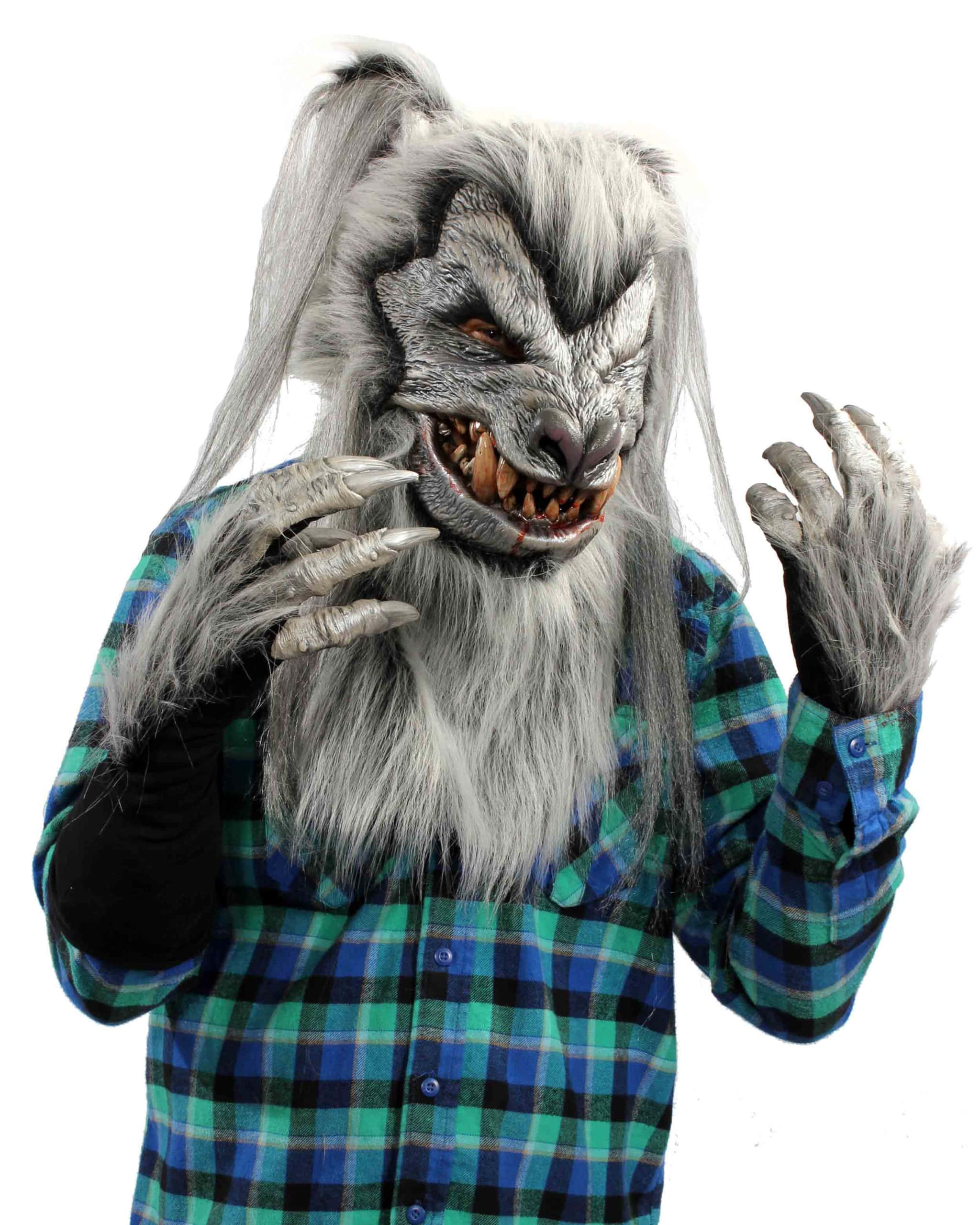 gray werewolf costume, glowing eyes, blue green plaid shirt, 2K Phone Wallpaper