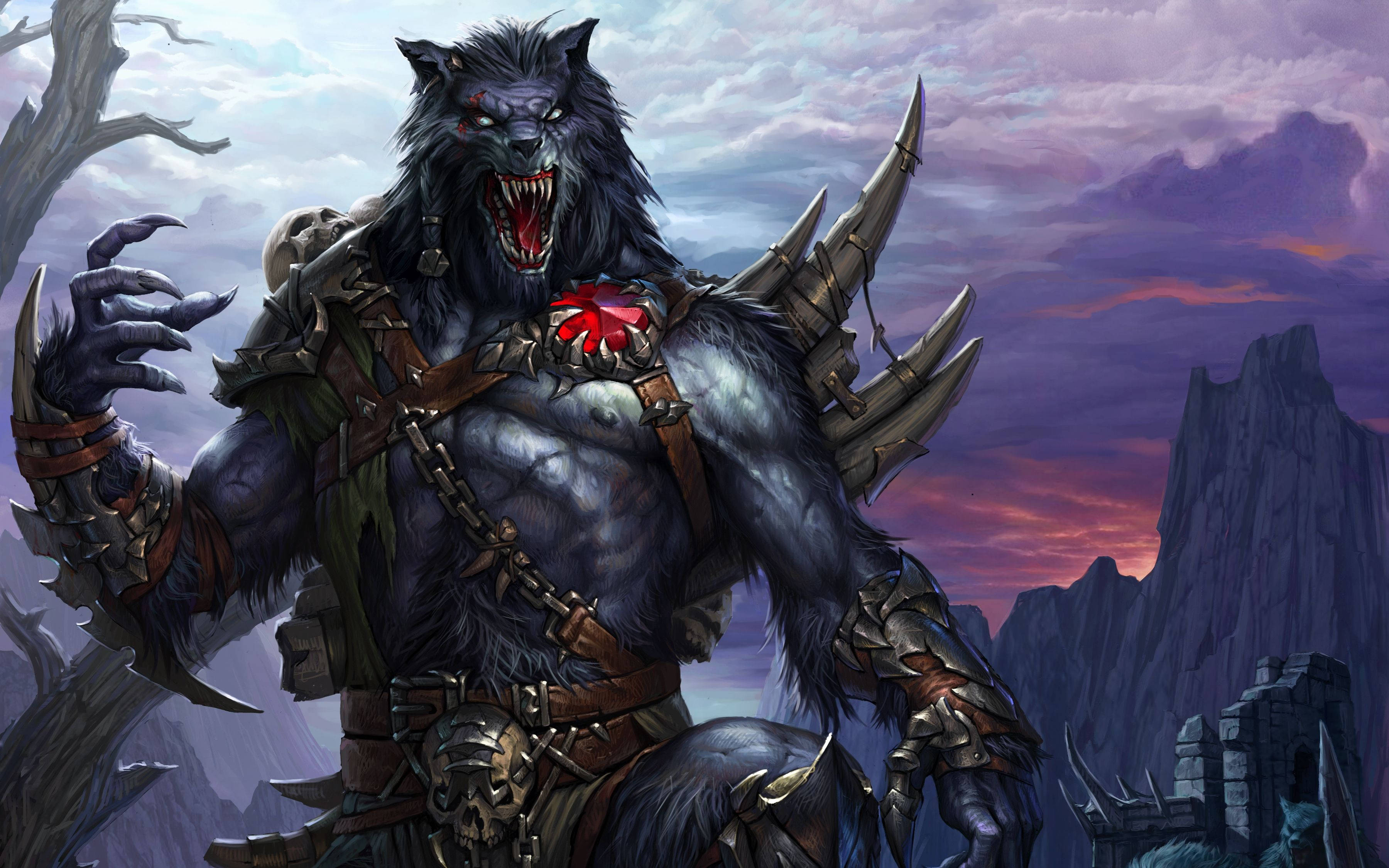 fantasy armored werewolf, spiked armor, twilight mountain backdrop, 2K Desktop Wallpaper